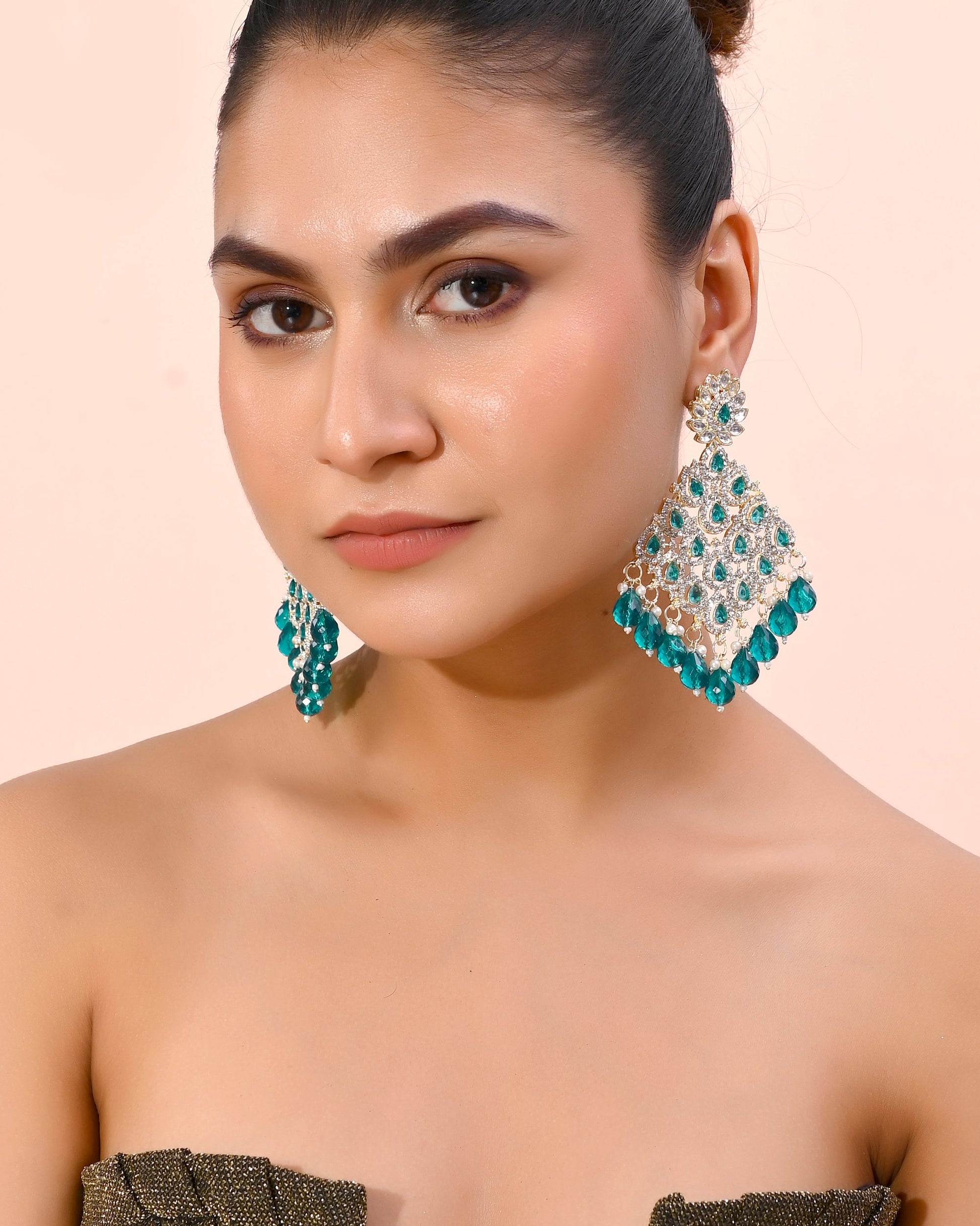 VOJ Traditional Gold-Polished Green & White AD Stone Statement Earrings - Swadesiicart