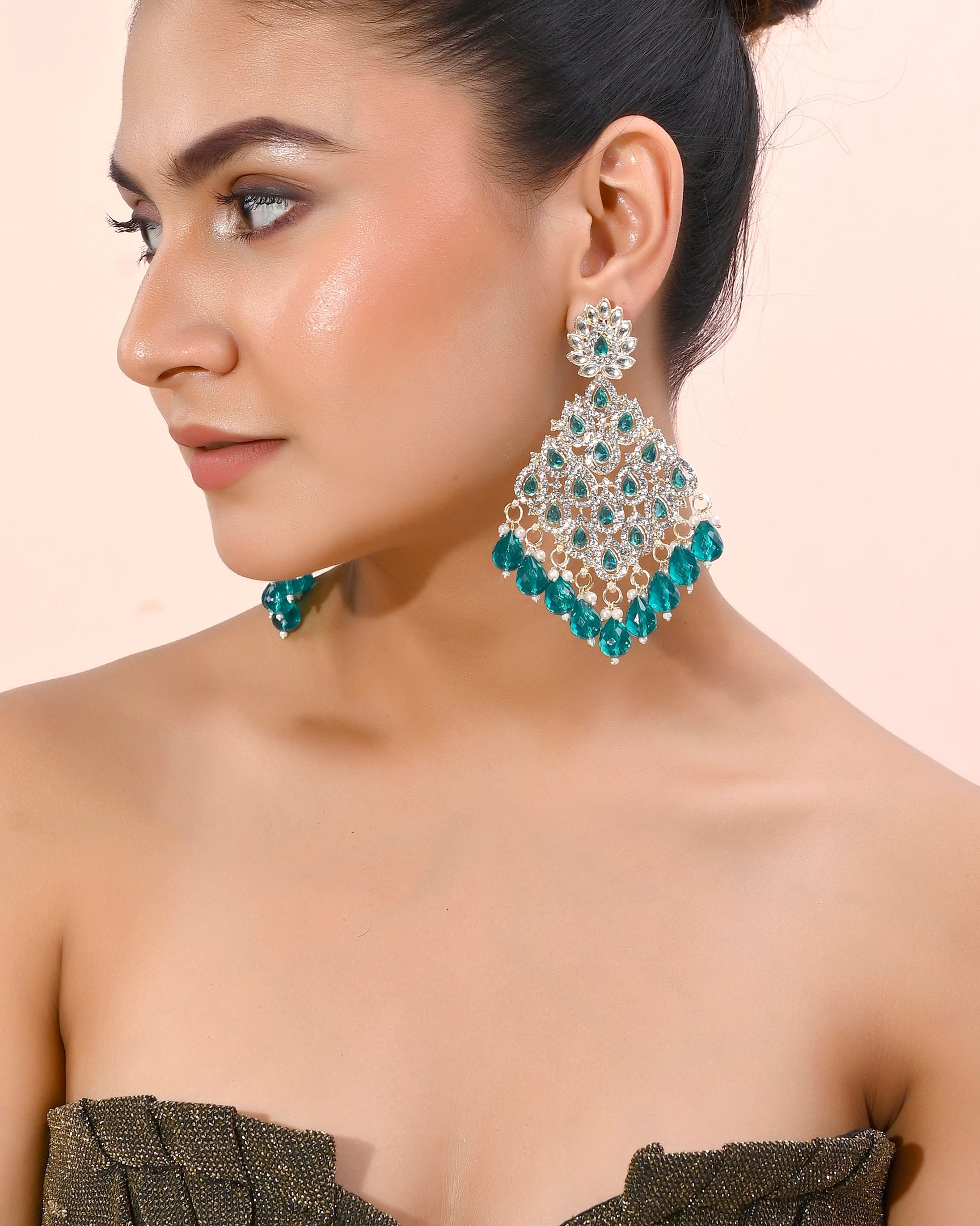 VOJ Traditional Gold-Polished Green & White AD Stone Statement Earrings - Swadesiicart