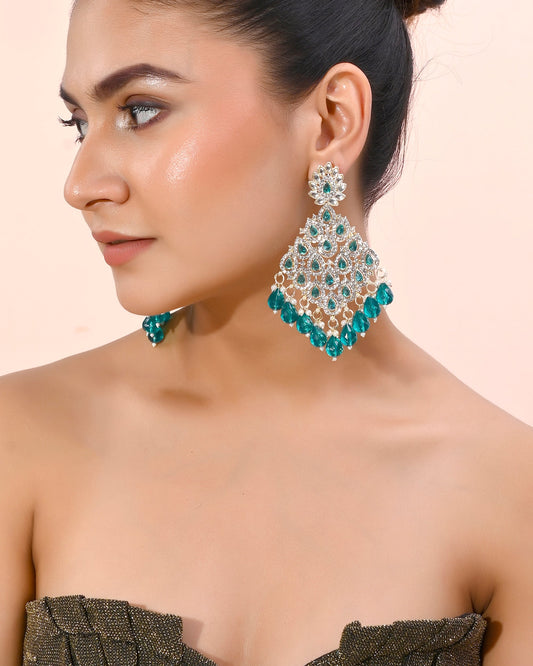 VOJ Traditional Gold-Polished Green & White AD Stone Statement Earrings - Swadesiicart