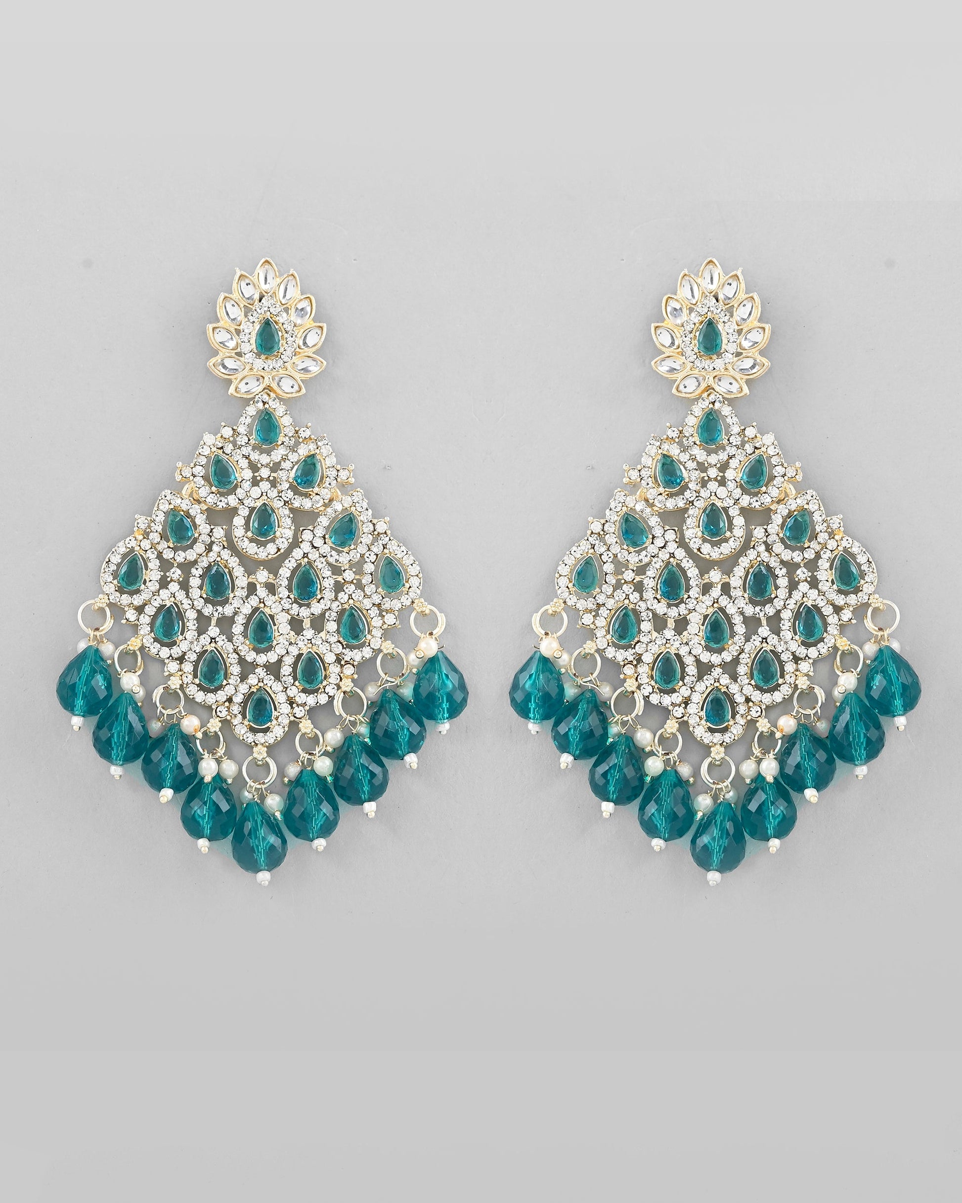 VOJ Traditional Gold-Polished Green & White AD Stone Statement Earrings - Swadesiicart