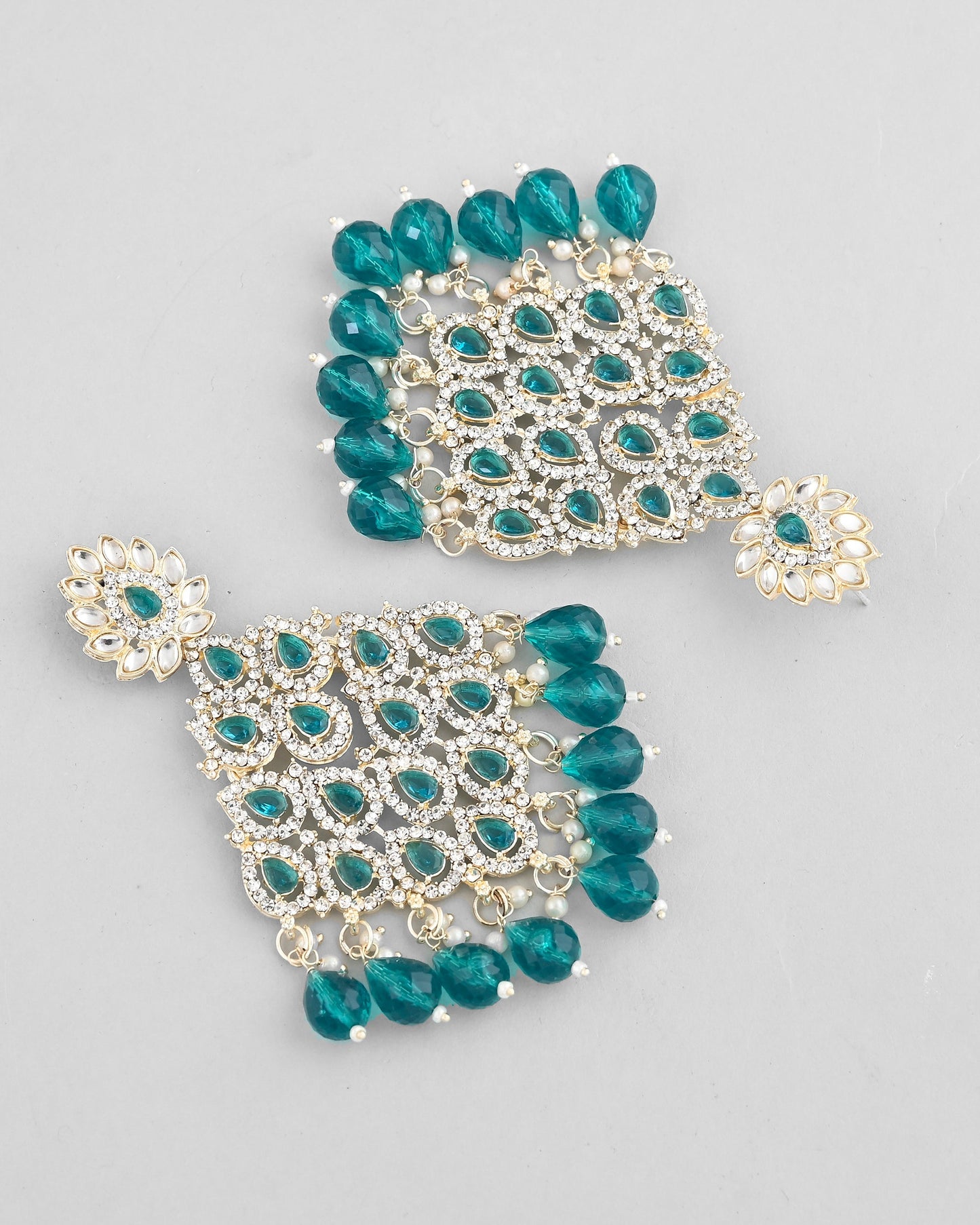 VOJ Traditional Gold-Polished Green & White AD Stone Statement Earrings - Swadesiicart