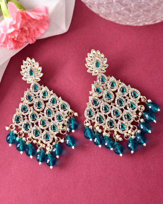VOJ Traditional Gold-Polished Green & White AD Stone Statement Earrings - Swadesiicart