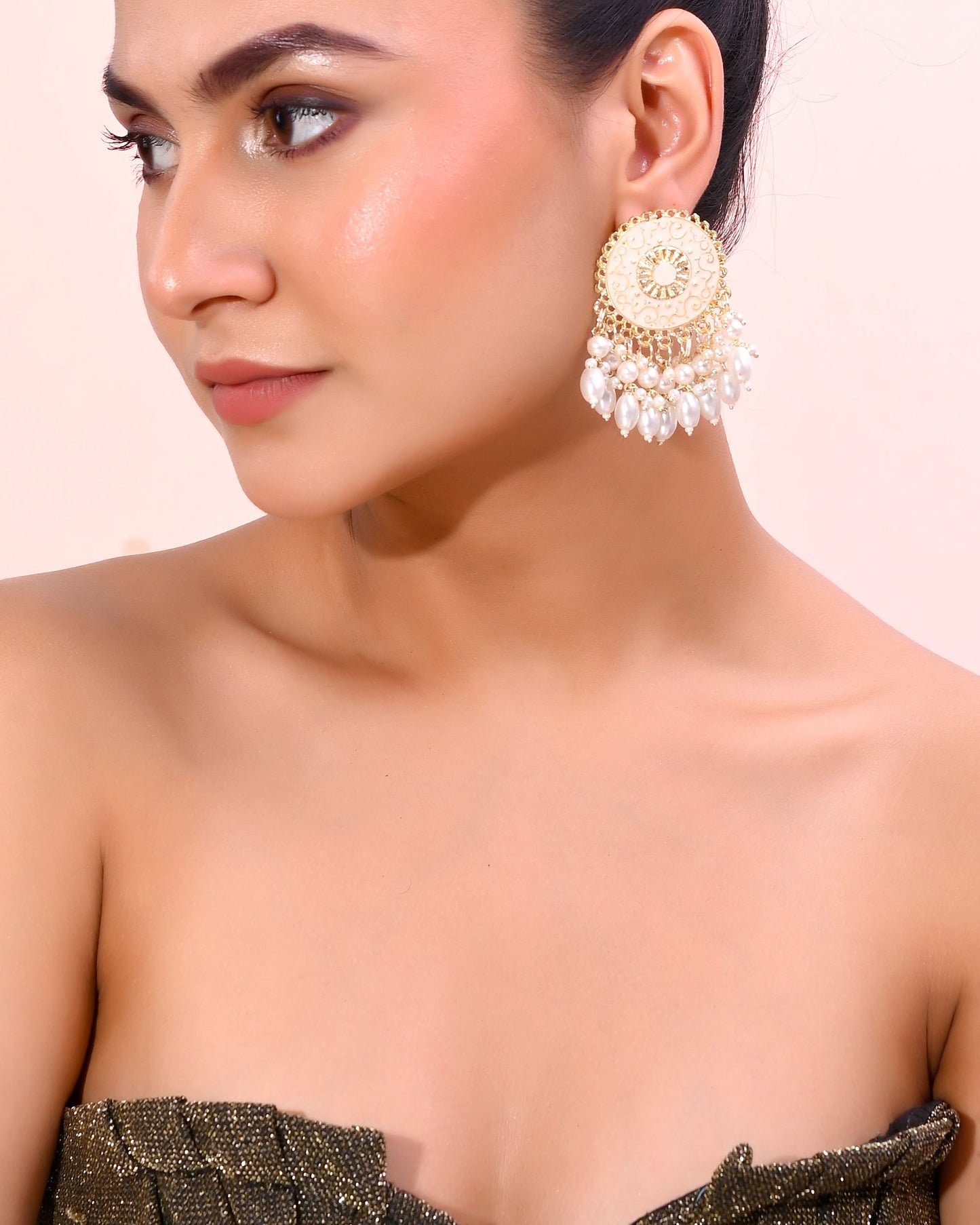 VOJ Gold-Polished White circular Earrings With Pearls - Swadesiicart