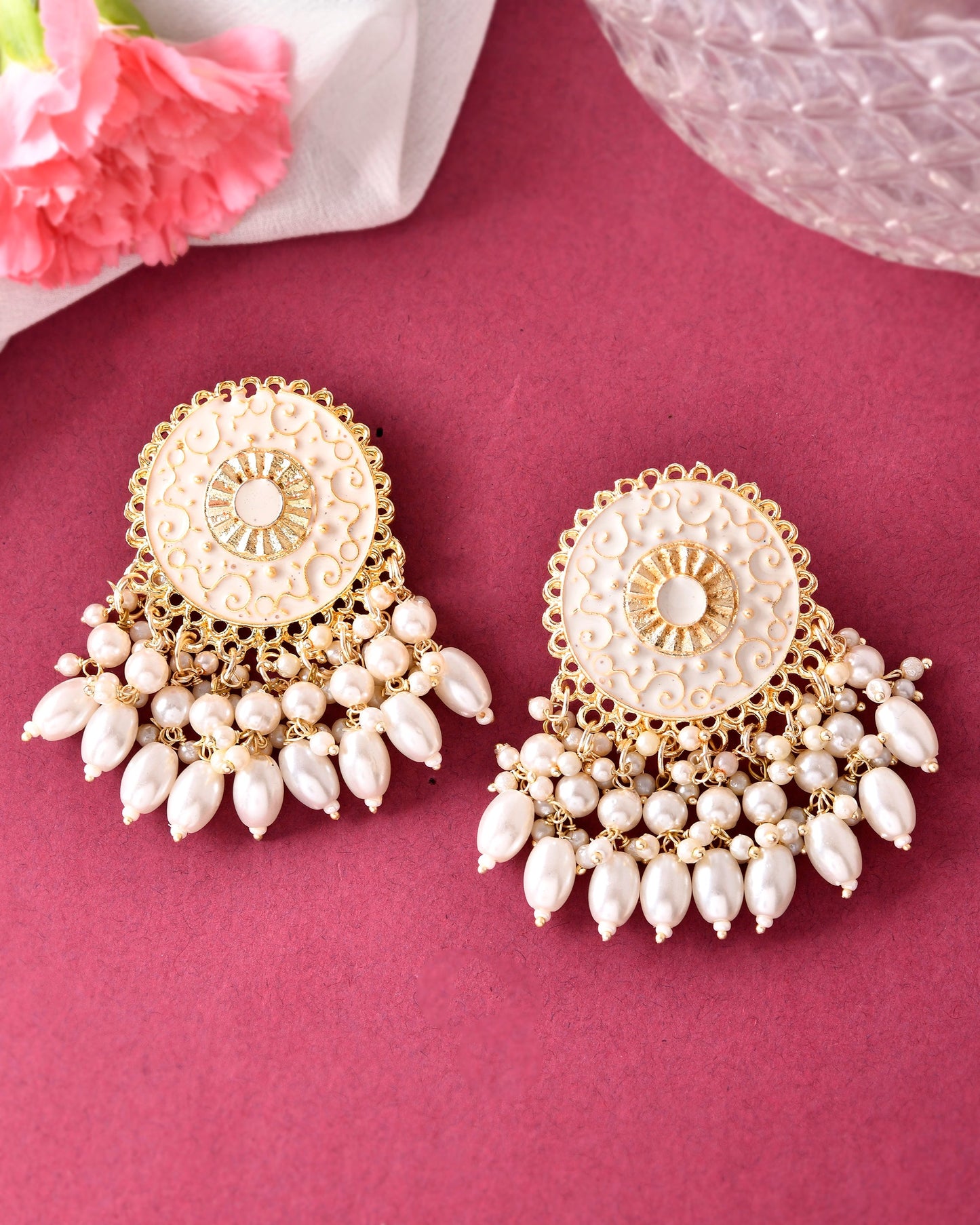 VOJ Gold-Polished White circular Earrings With Pearls - Swadesiicart
