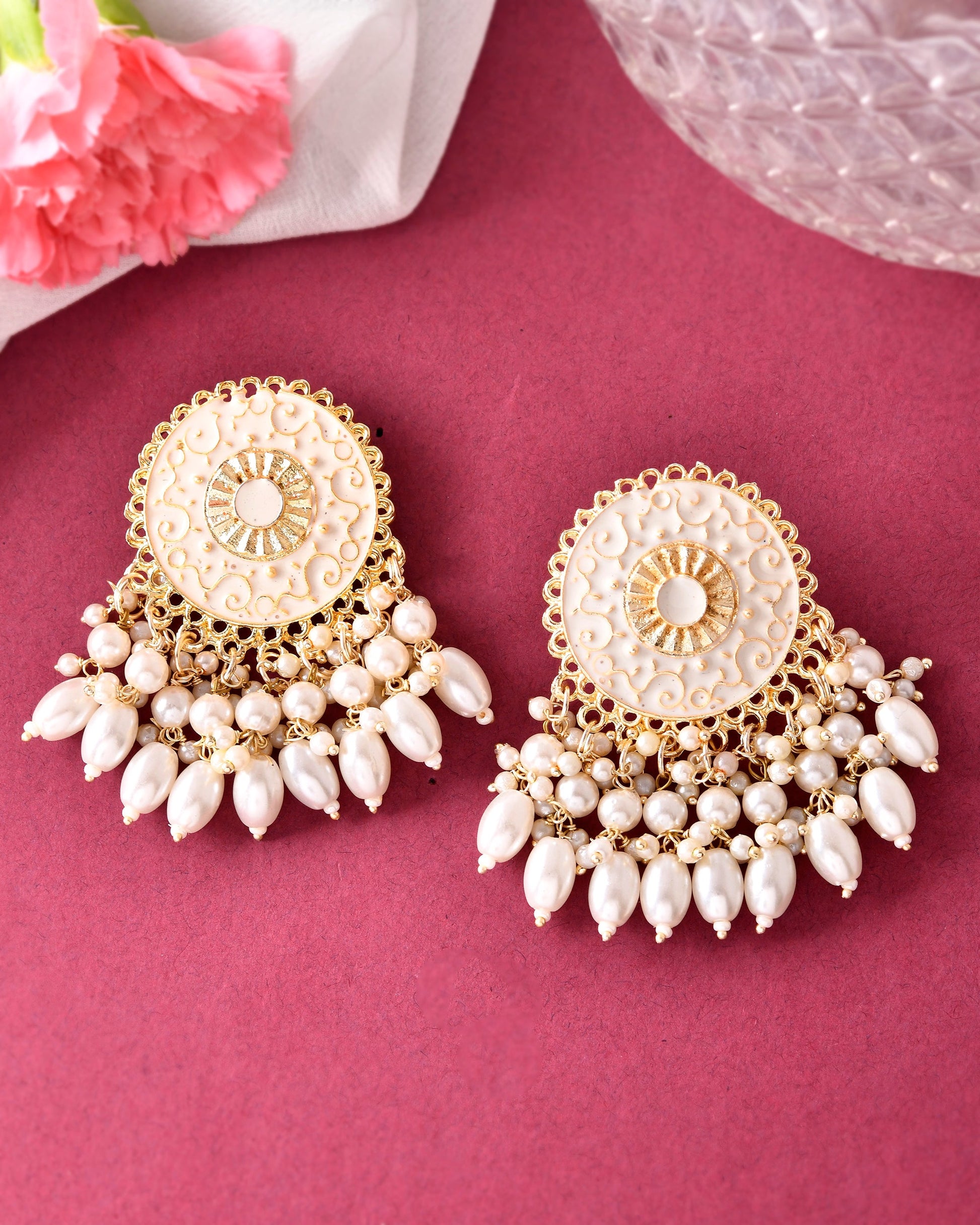 VOJ Gold-Polished White circular Earrings With Pearls - Swadesiicart