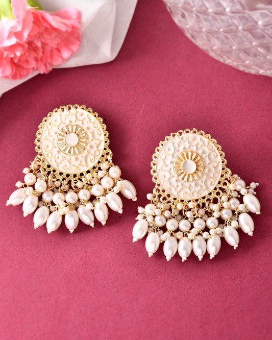 VOJ Gold-Polished White circular Earrings With Pearls - Swadesiicart