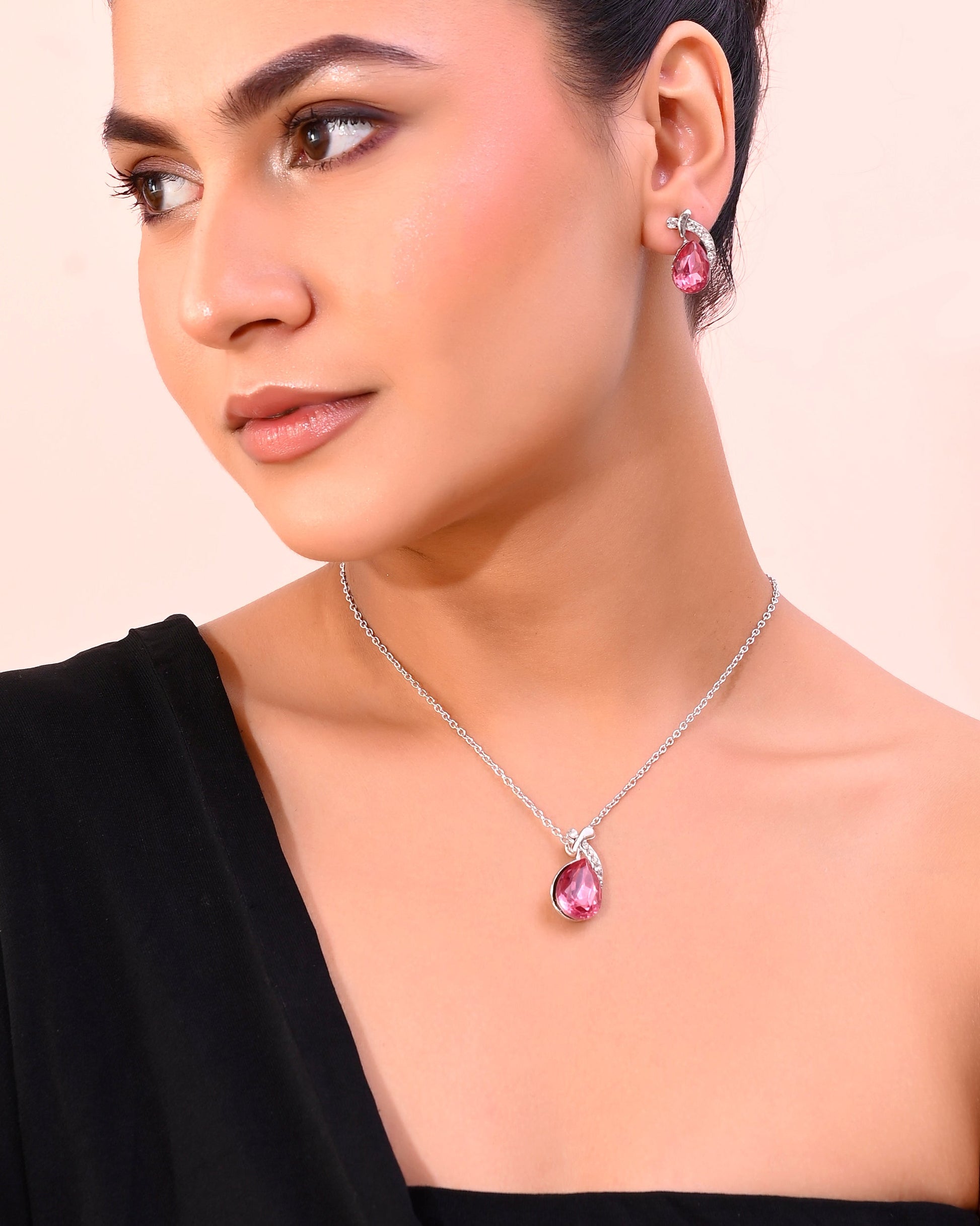 VOJ Silver Plated Chan with Pink and White AD stone Studded Pendant and Earrings Set - Swadesiicart
