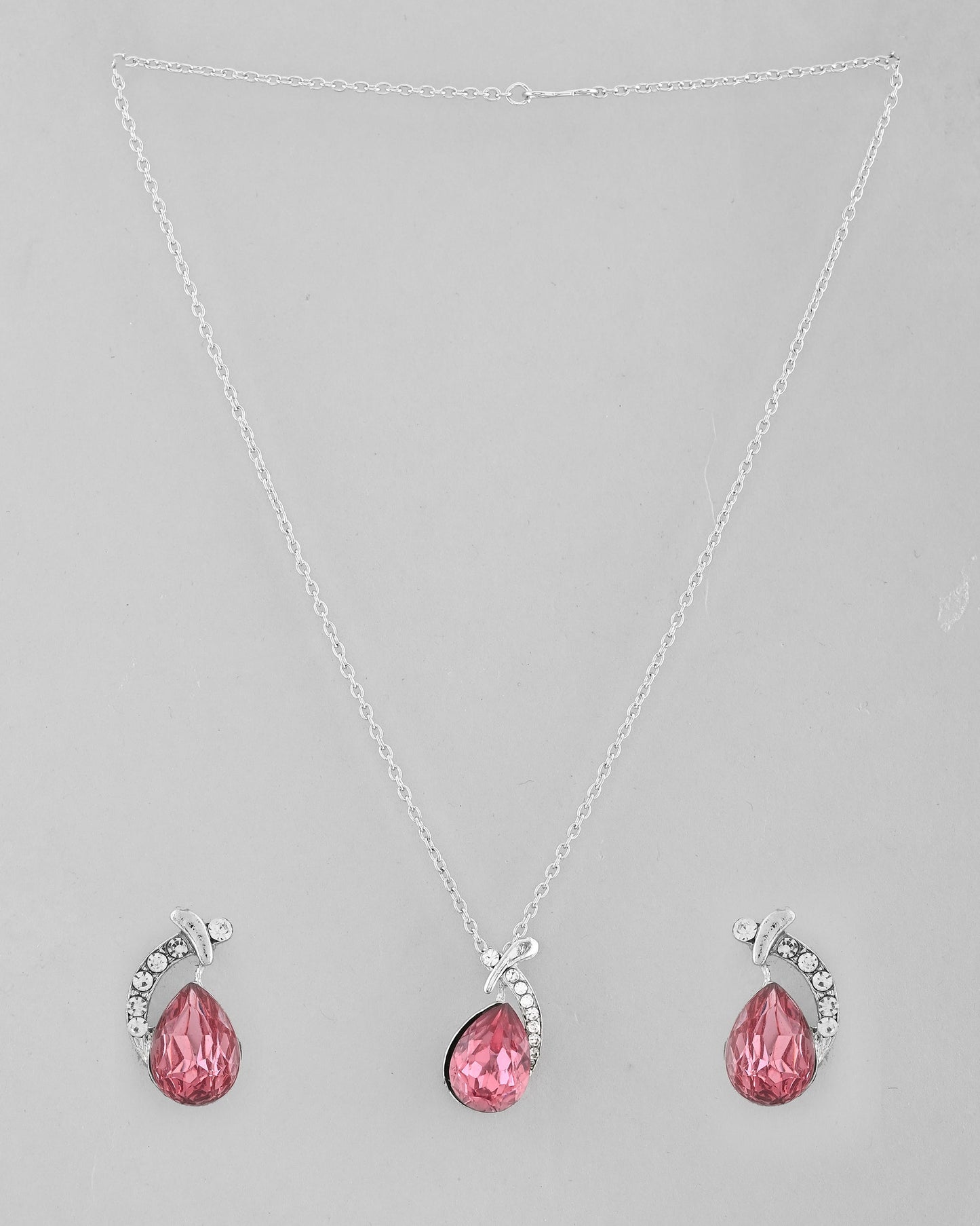 VOJ Silver Plated Chan with Pink and White AD stone Studded Pendant and Earrings Set - Swadesiicart