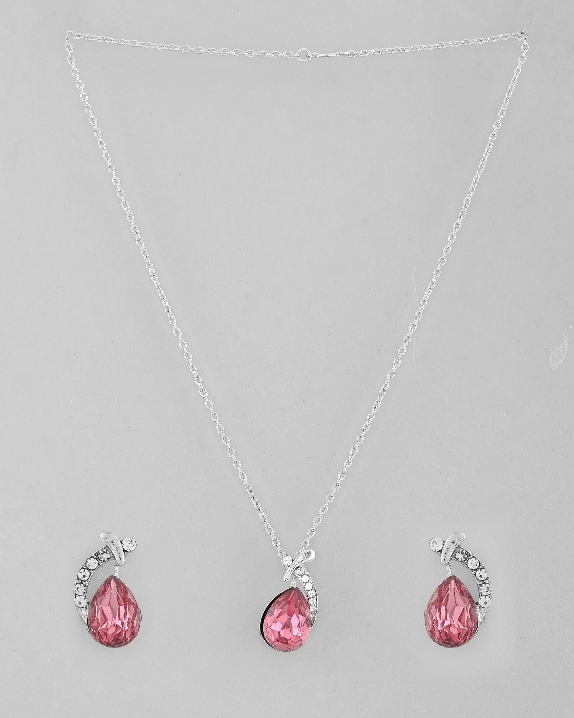 VOJ Silver Plated Chan with Pink and White AD stone Studded Pendant and Earrings Set - Swadesiicart