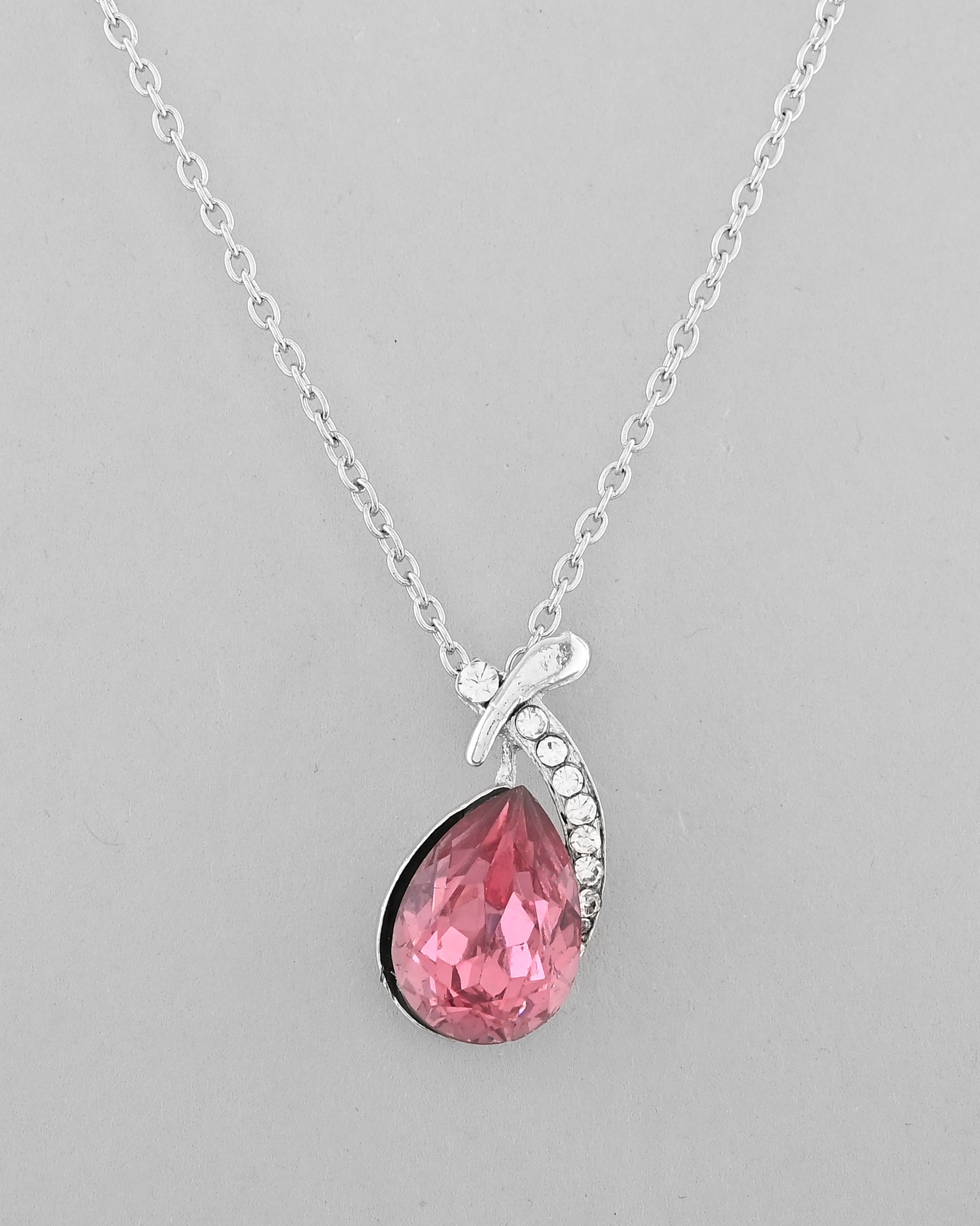 VOJ Silver Plated Chan with Pink and White AD stone Studded Pendant and Earrings Set - Swadesiicart