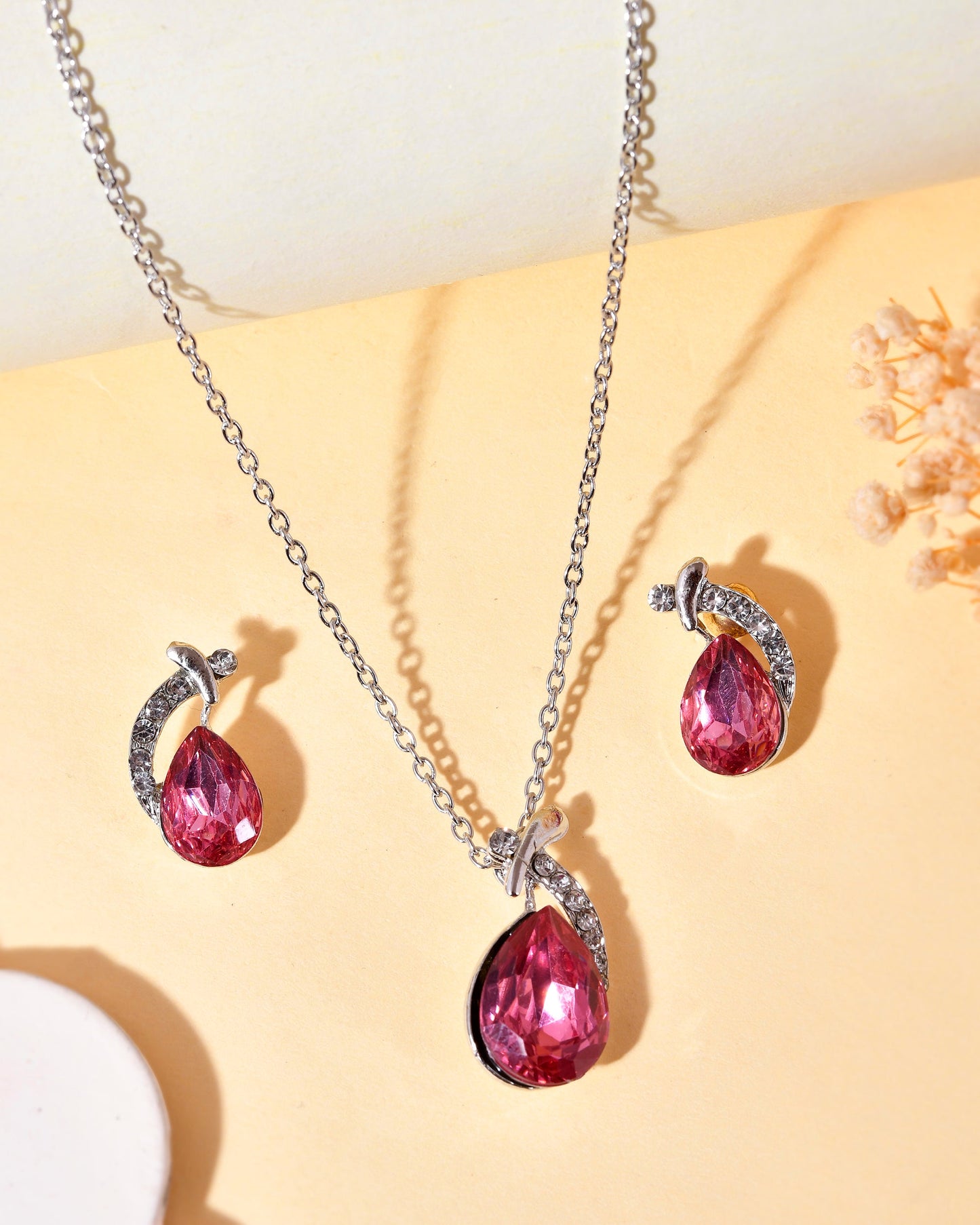 VOJ Silver Plated Chan with Pink and White AD stone Studded Pendant and Earrings Set - Swadesiicart