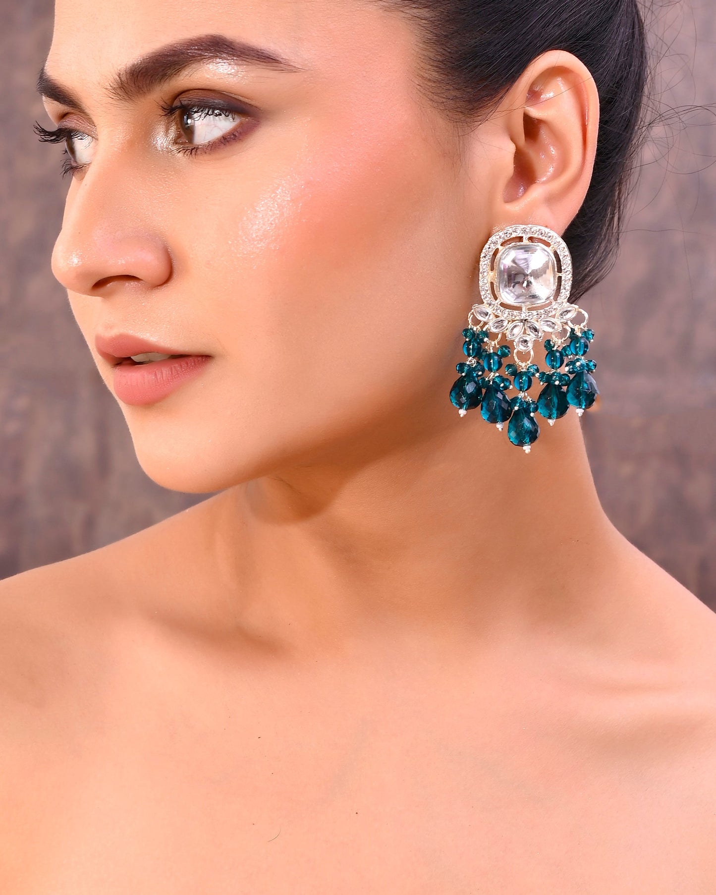 VOJ Silver Plated Kundan Earrings with Teal colour Pearls - Swadesiicart