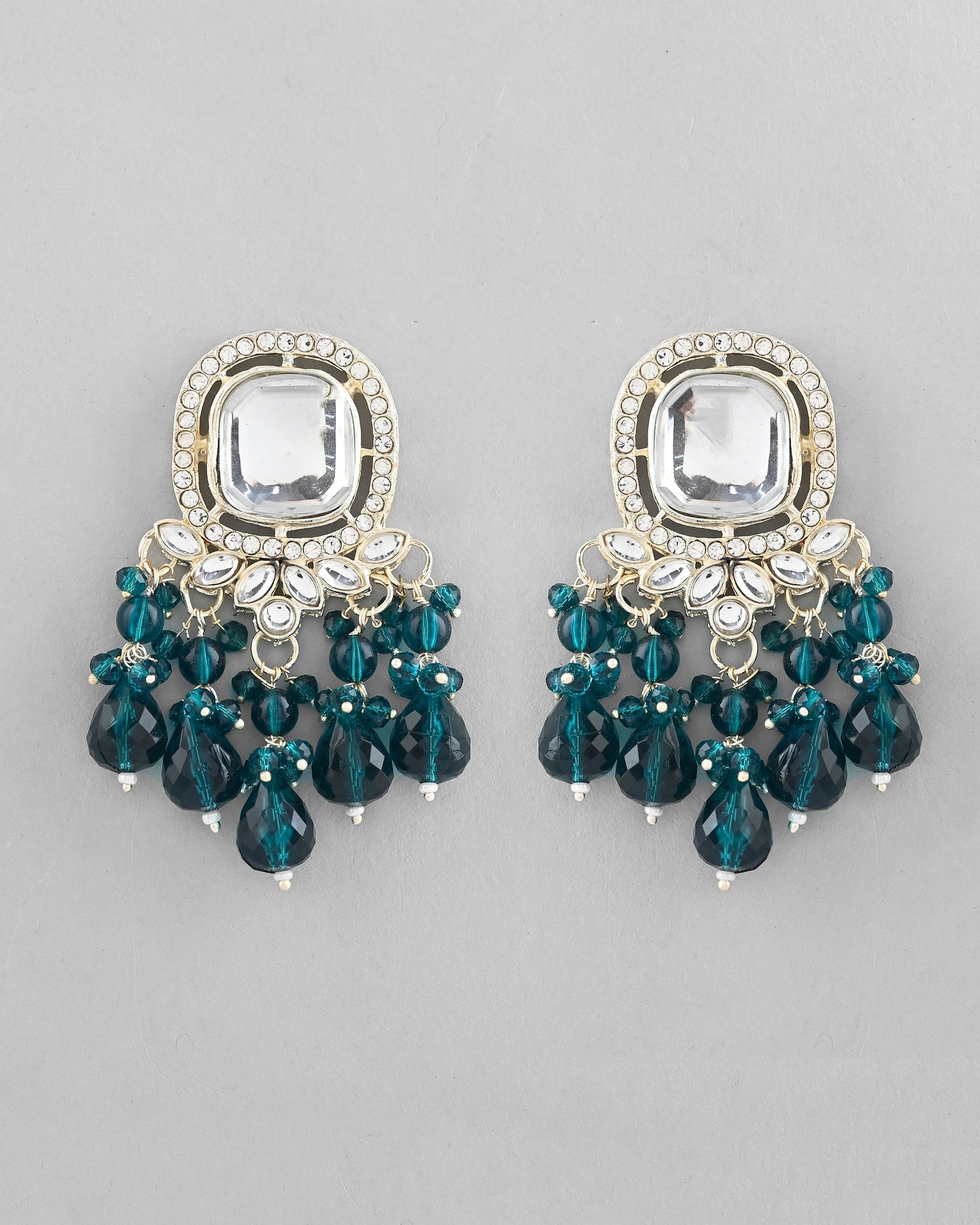 VOJ Silver Plated Kundan Earrings with Teal colour Pearls - Swadesiicart