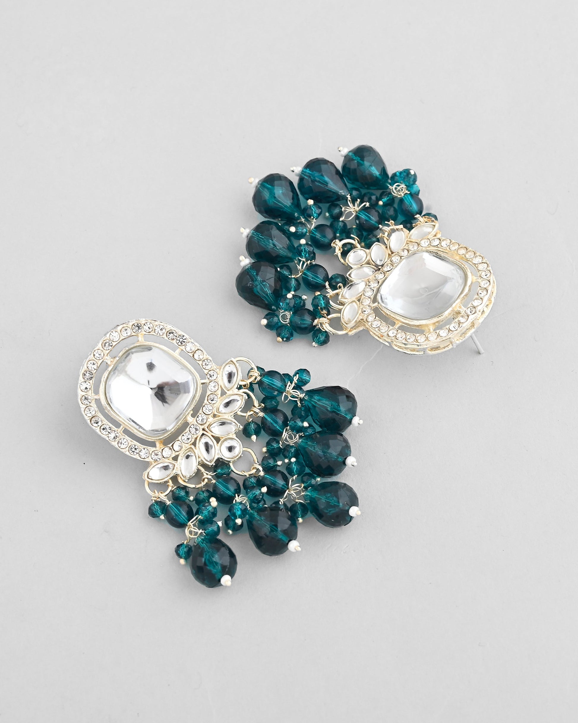 VOJ Silver Plated Kundan Earrings with Teal colour Pearls - Swadesiicart