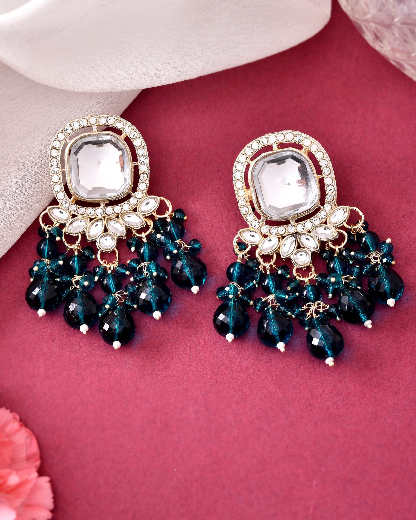 VOJ Silver Plated Kundan Earrings with Teal colour Pearls - Swadesiicart