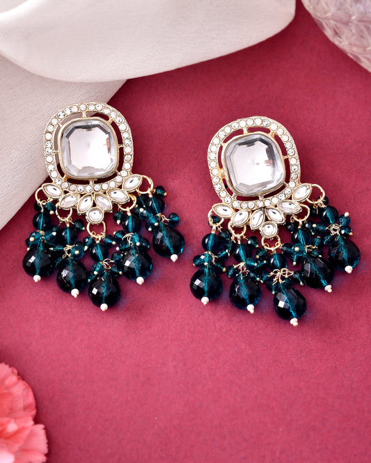 VOJ Silver Plated Kundan Earrings with Teal colour Pearls - Swadesiicart