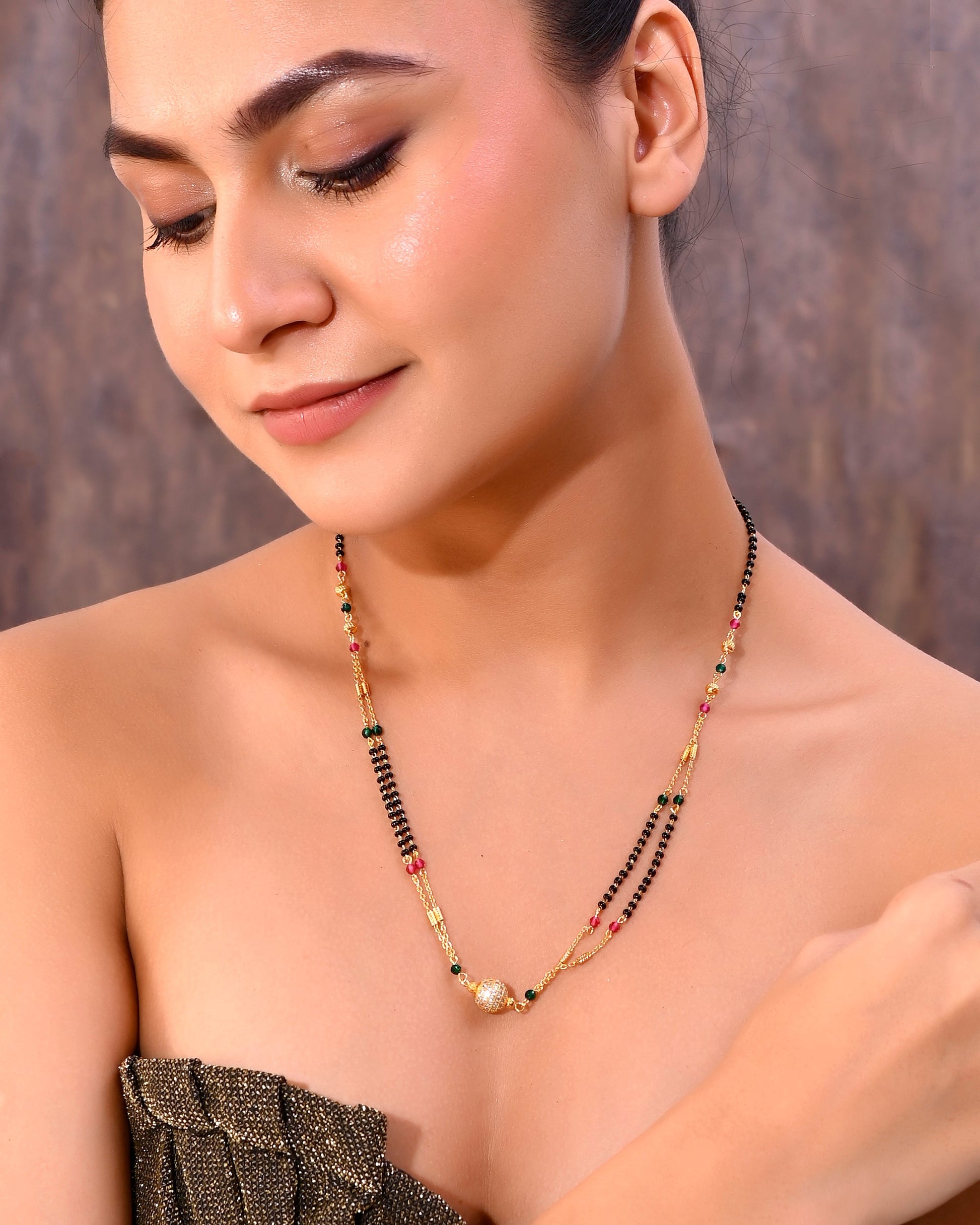 VOJ Gold-Polished AD-Studded & Beaded Layered Mangalsutra - Swadesiicart