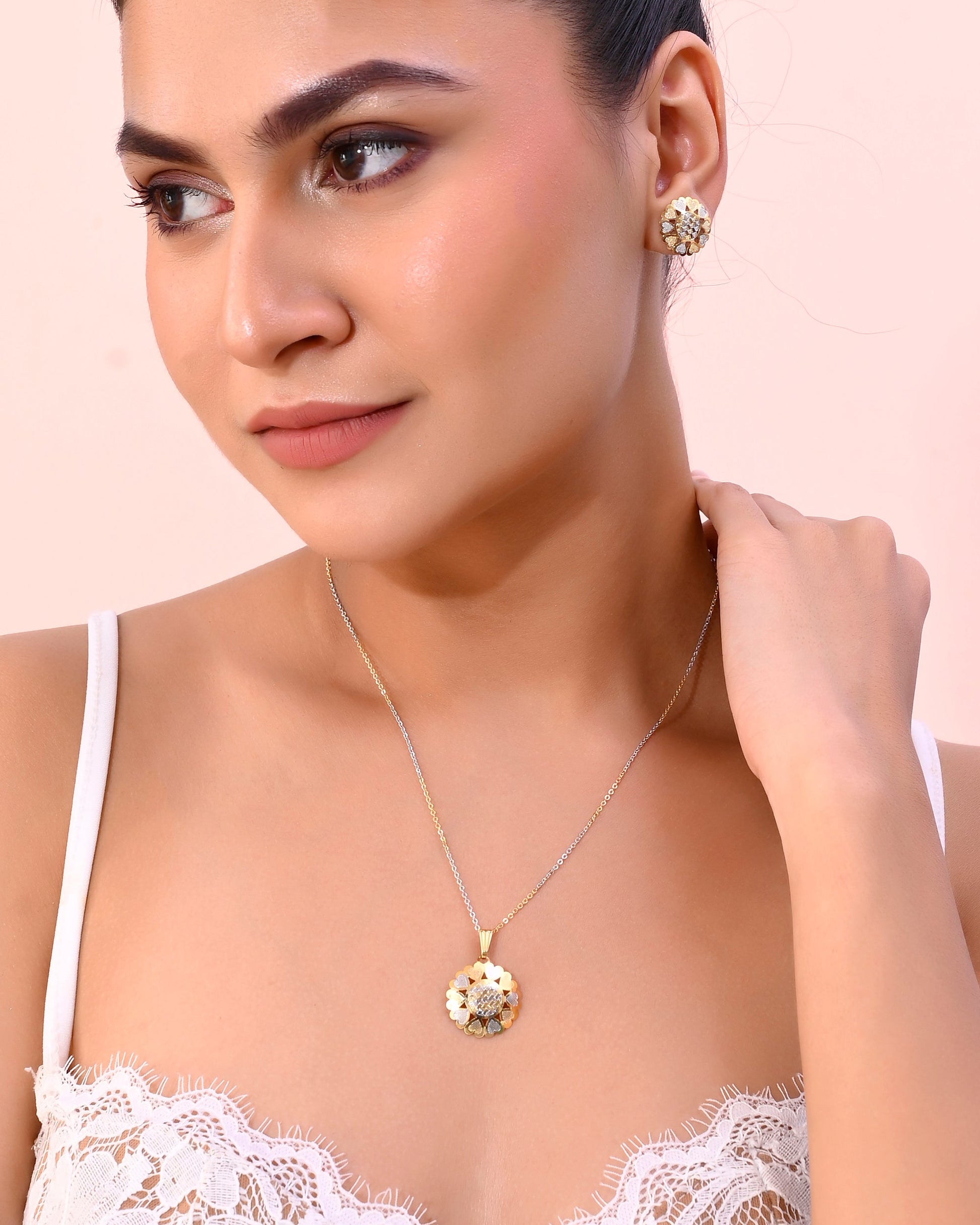VOJ White and Yellow Gold-Polished Chain With Flower shaped Pandent And Flower shaped Earrings - Swadesiicart