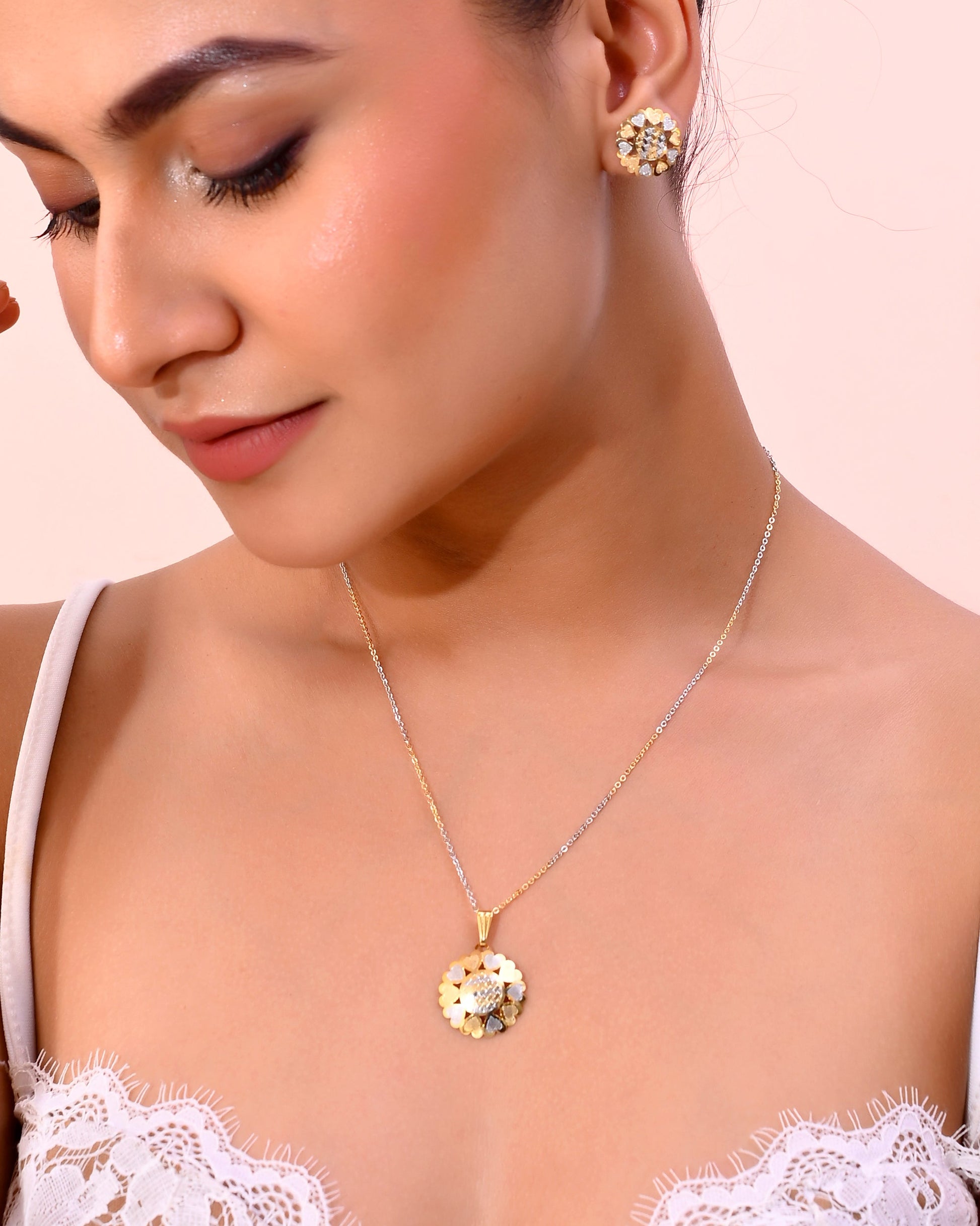 VOJ White and Yellow Gold-Polished Chain With Flower shaped Pandent And Flower shaped Earrings - Swadesiicart