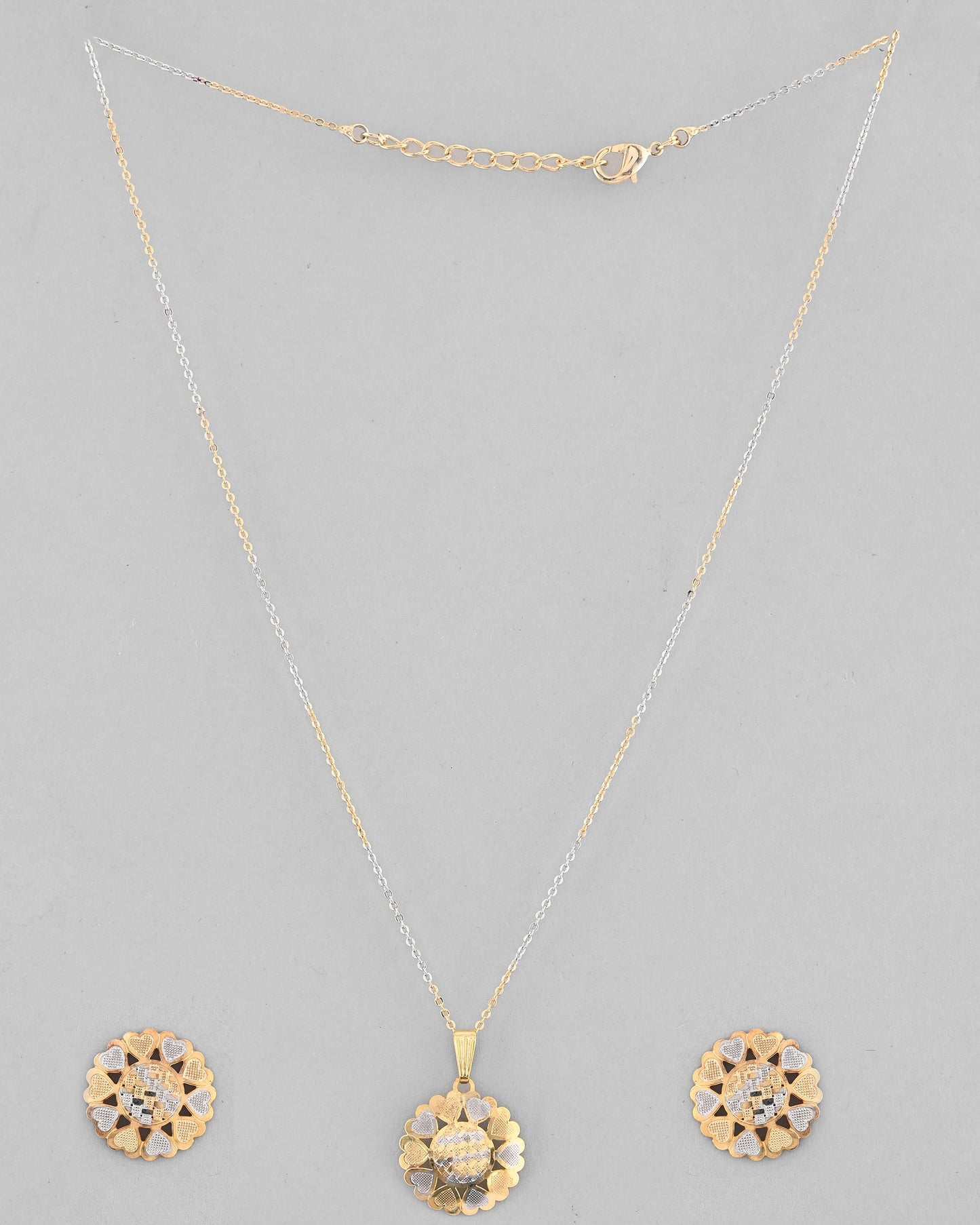 VOJ White and Yellow Gold-Polished Chain With Flower shaped Pandent And Flower shaped Earrings - Swadesiicart