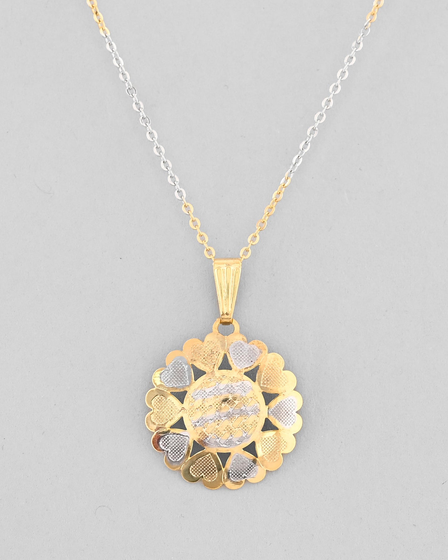 VOJ White and Yellow Gold-Polished Chain With Flower shaped Pandent And Flower shaped Earrings - Swadesiicart