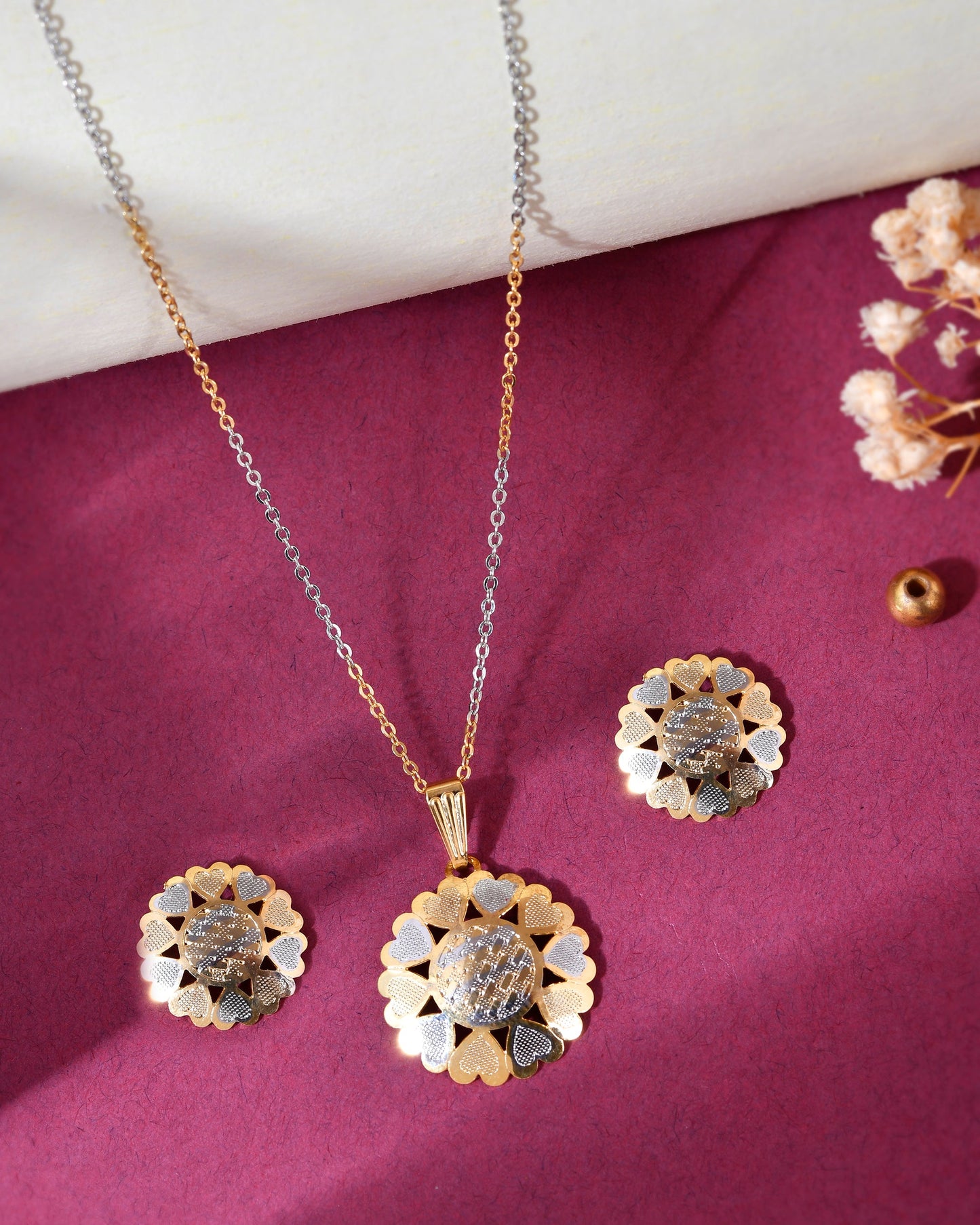 VOJ White and Yellow Gold-Polished Chain With Flower shaped Pandent And Flower shaped Earrings - Swadesiicart