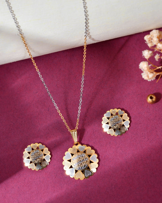 VOJ White and Yellow Gold-Polished Chain With Flower shaped Pandent And Flower shaped Earrings - Swadesiicart
