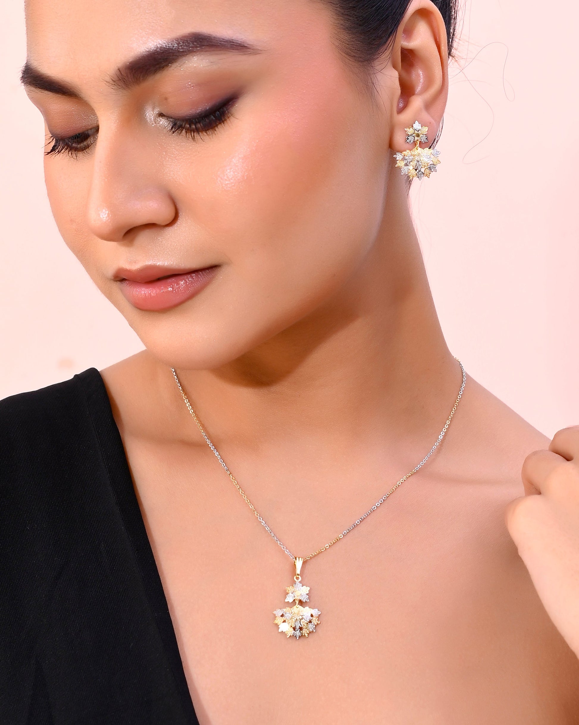 VOJ White and Yellow Gold-Polished Chain With Leaf shaped Pandent And Leaf shaped Earrings - Swadesiicart