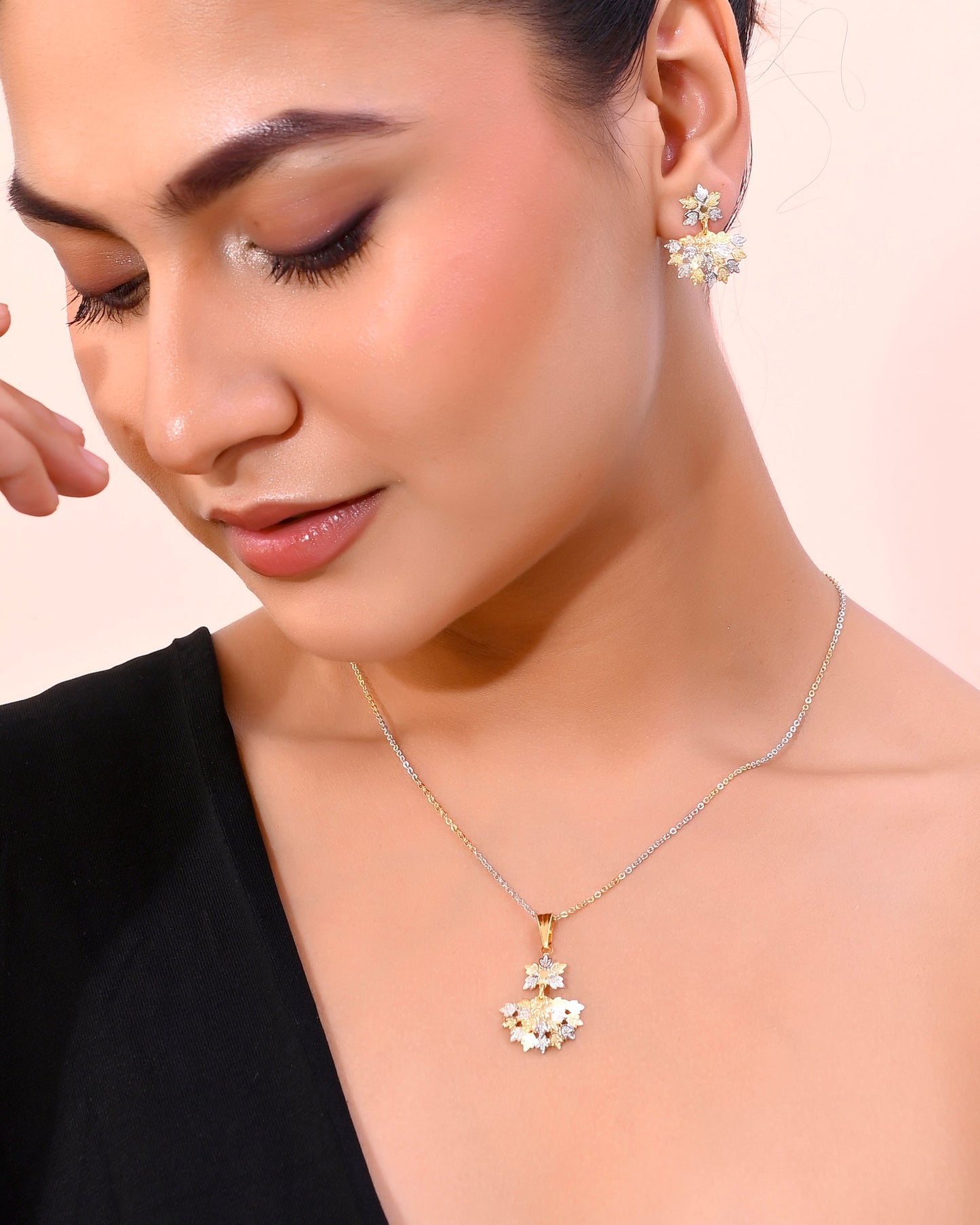 VOJ White and Yellow Gold-Polished Chain With Leaf shaped Pandent And Leaf shaped Earrings - Swadesiicart