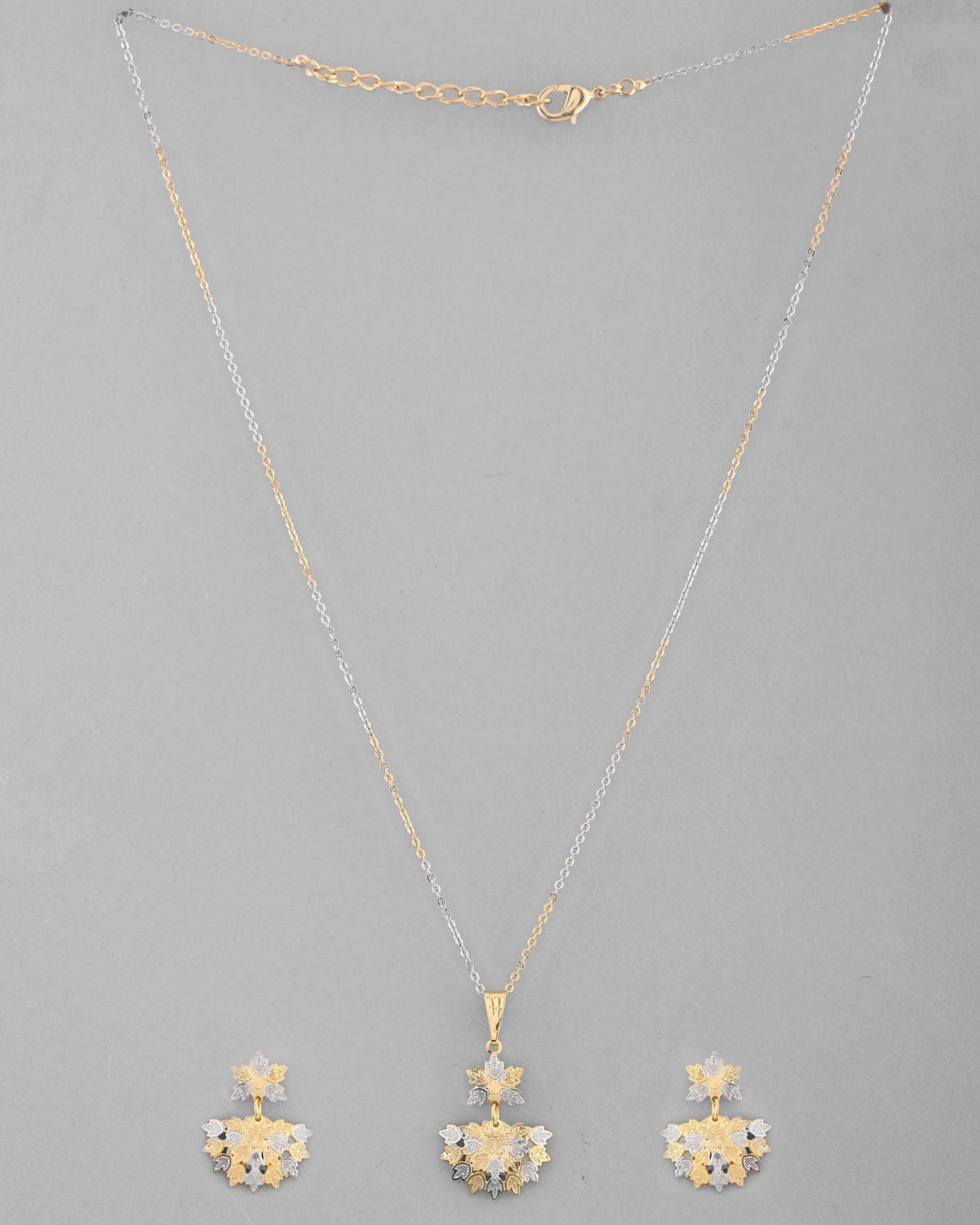 VOJ White and Yellow Gold-Polished Chain With Leaf shaped Pandent And Leaf shaped Earrings - Swadesiicart