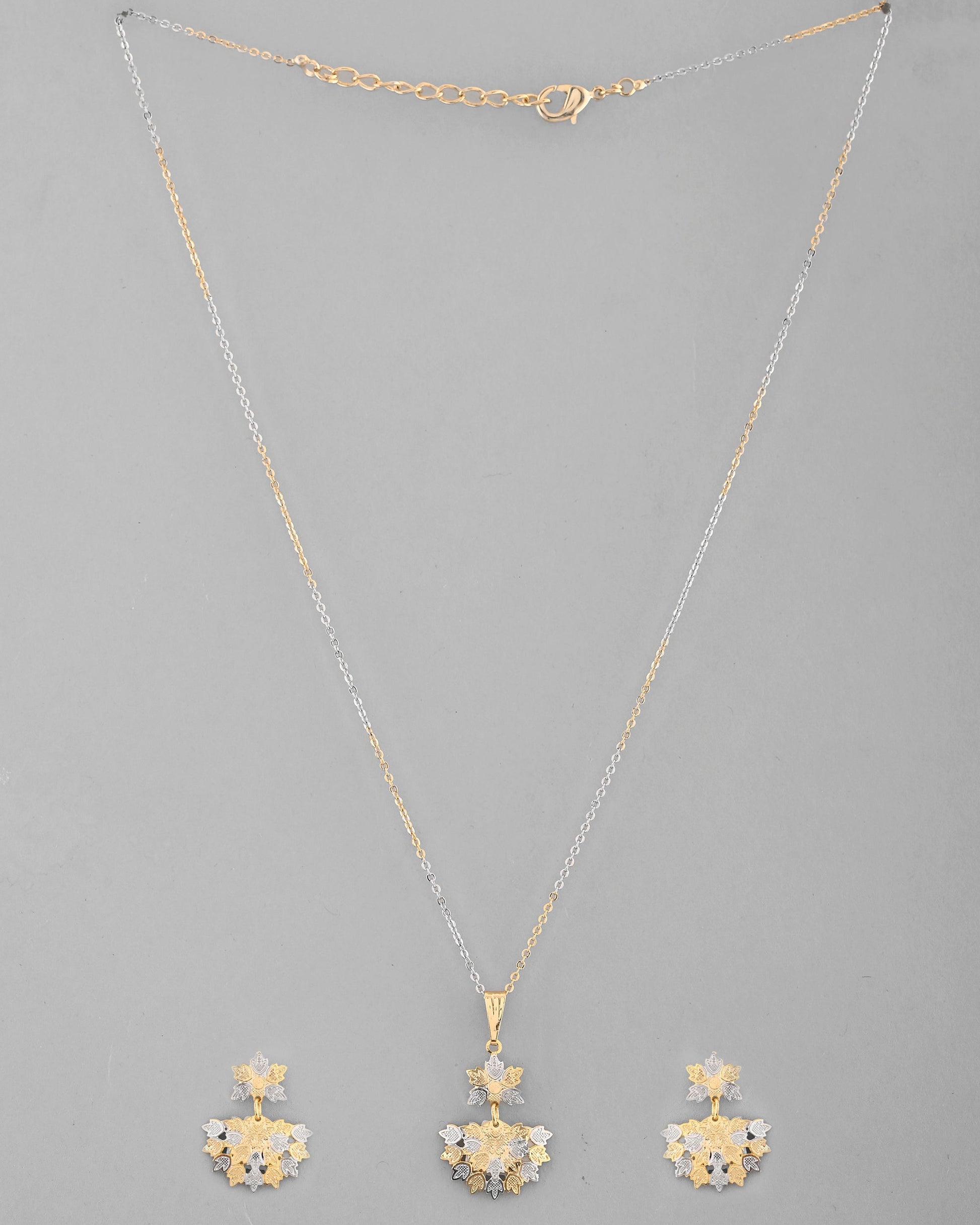 VOJ White and Yellow Gold-Polished Chain With Leaf shaped Pandent And Leaf shaped Earrings - Swadesiicart