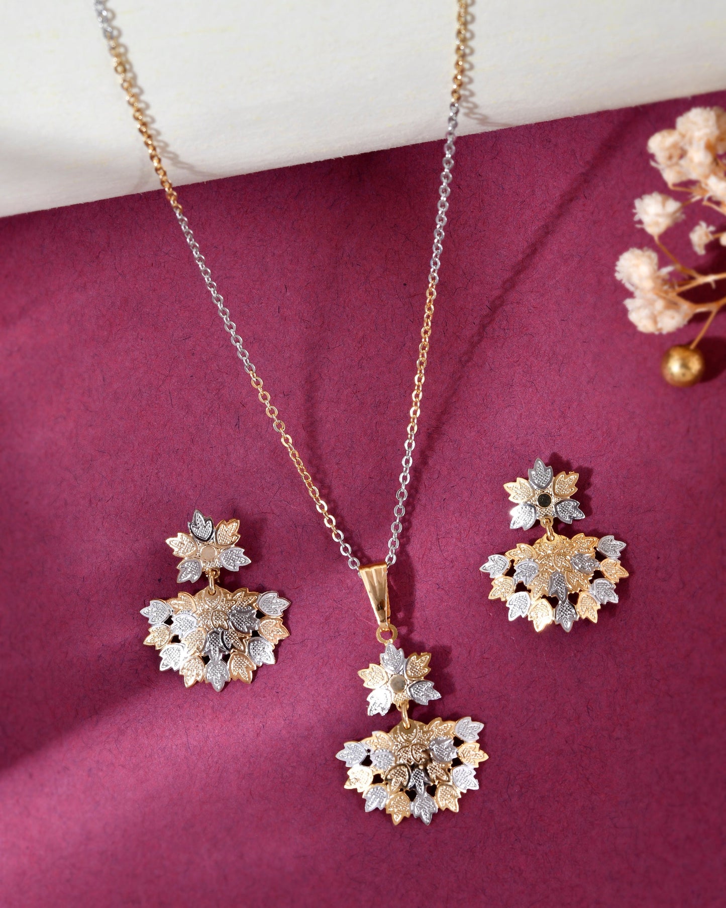 VOJ White and Yellow Gold-Polished Chain With Leaf shaped Pandent And Leaf shaped Earrings - Swadesiicart