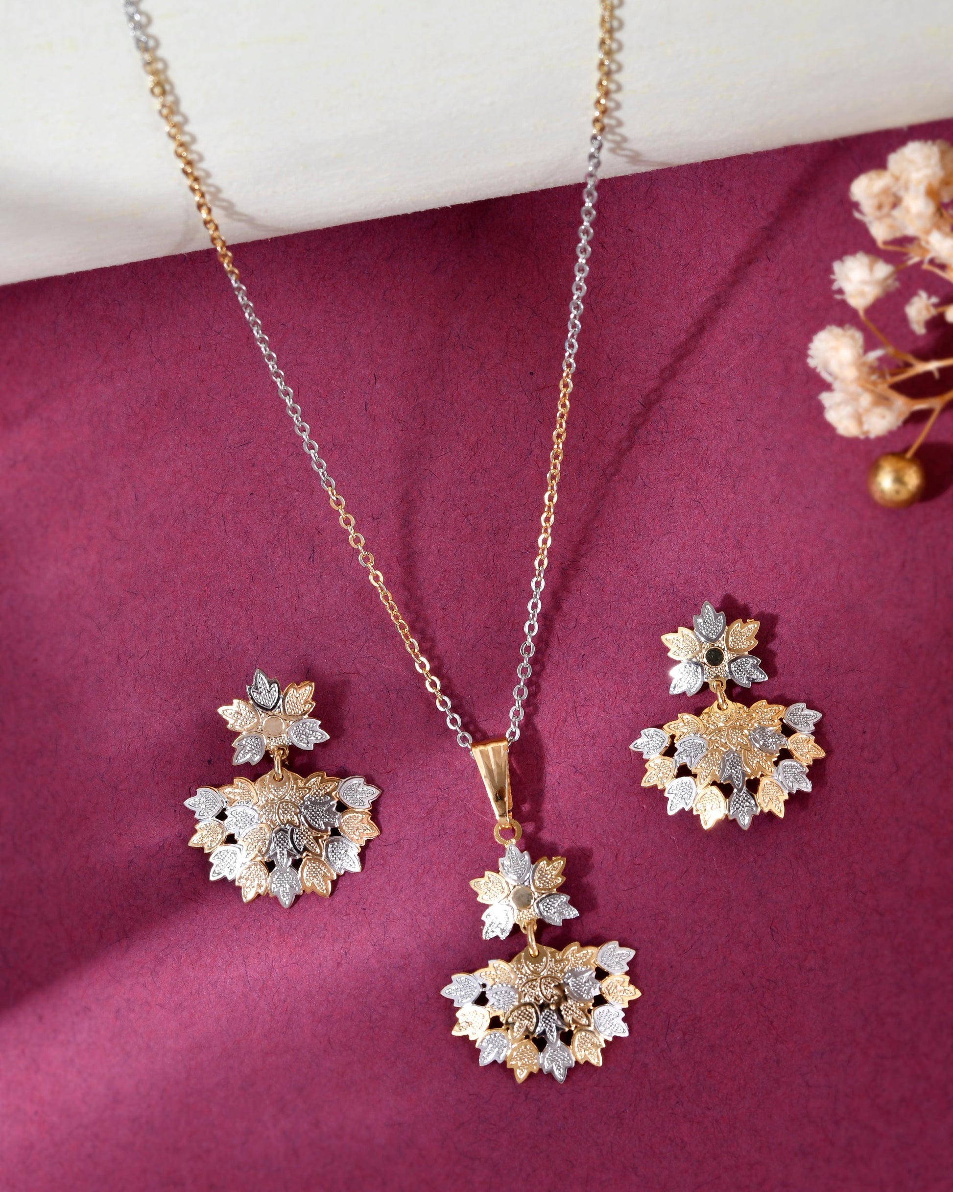 VOJ White and Yellow Gold-Polished Chain With Leaf shaped Pandent And Leaf shaped Earrings - Swadesiicart