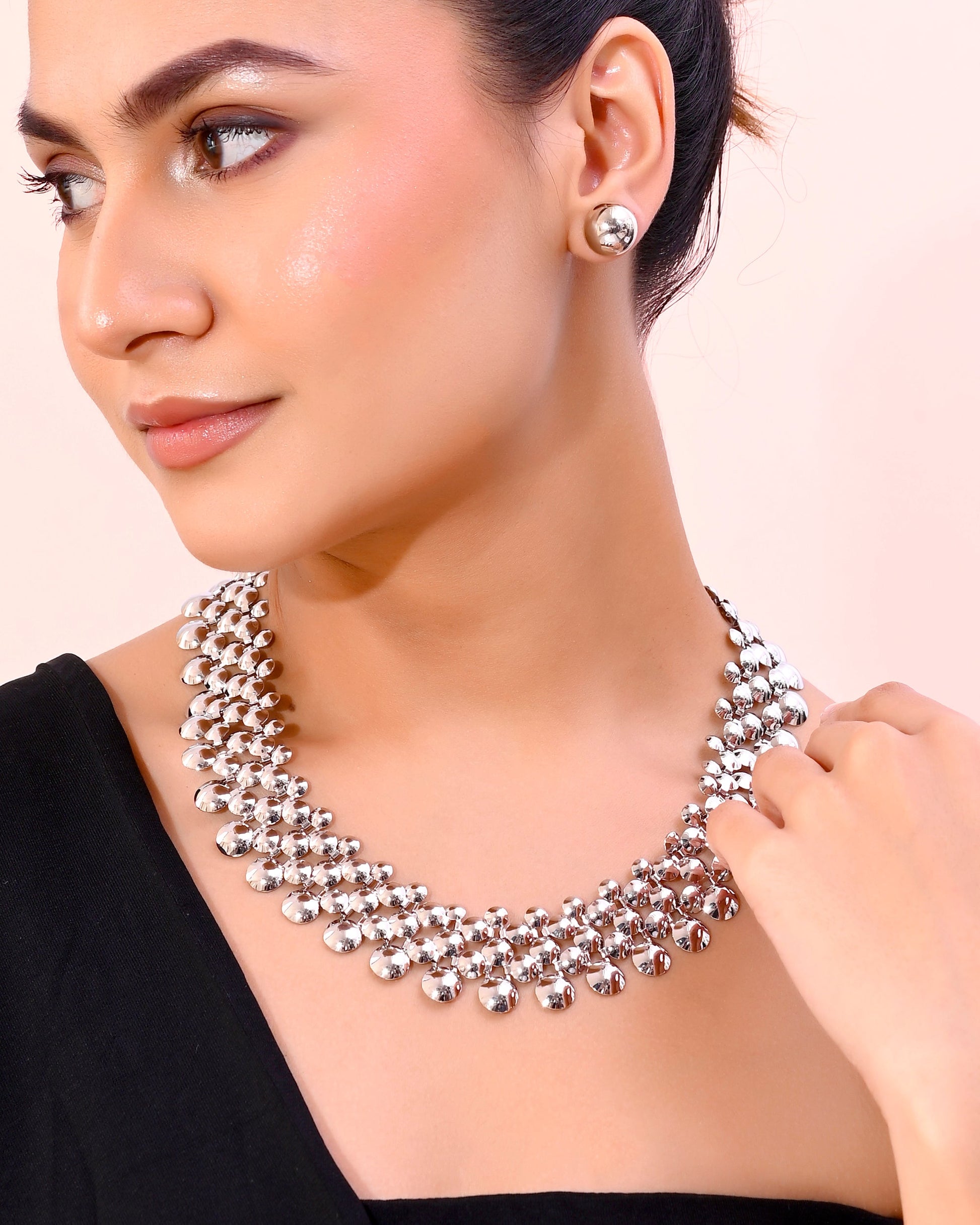 VOJ Silver Plated Long Necklace With Earrings Set - Swadesiicart