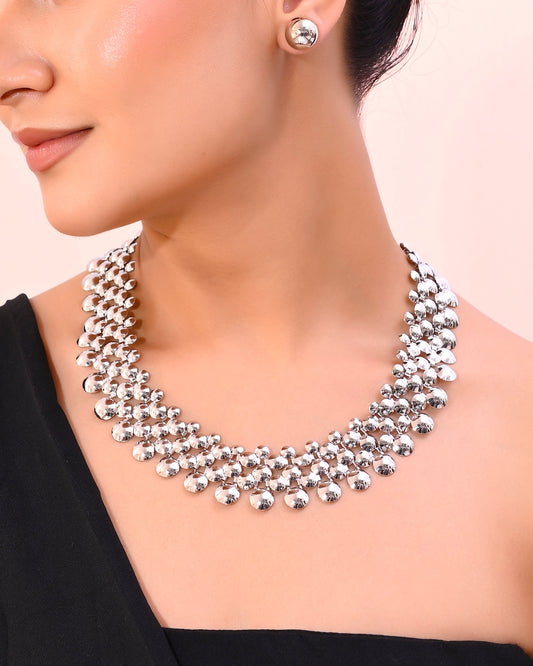 VOJ Silver Plated Long Necklace With Earrings Set - Swadesiicart