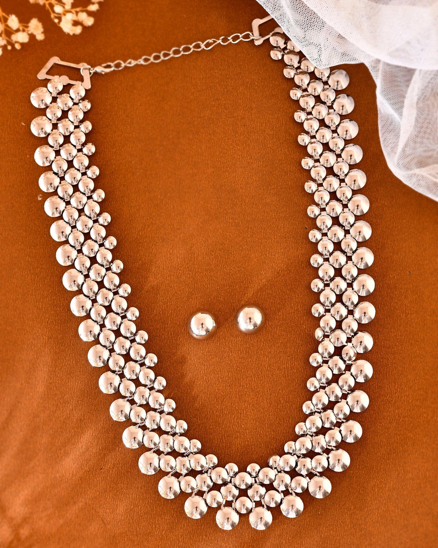 VOJ Silver Plated Long Necklace With Earrings Set - Swadesiicart