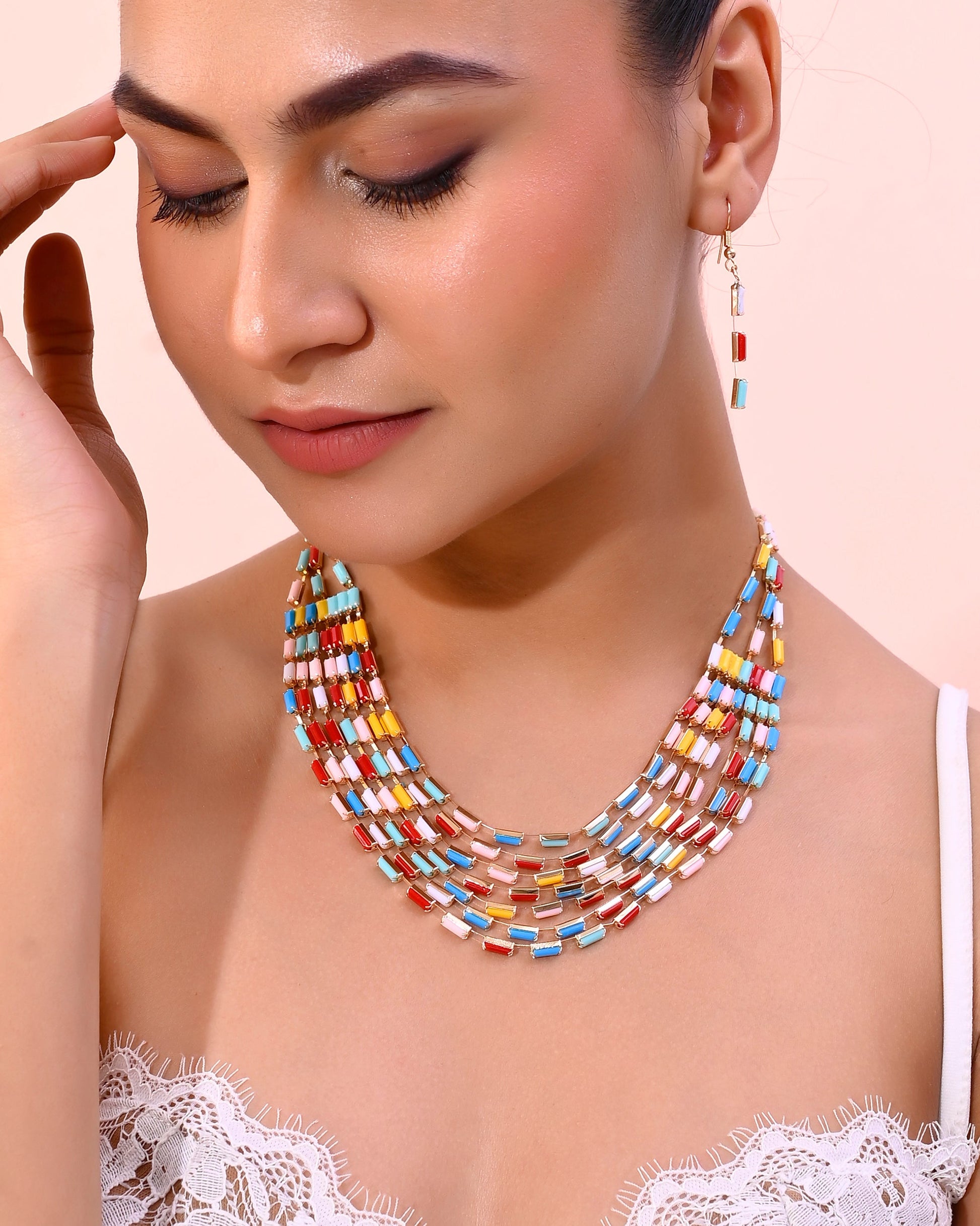 VOJ Multi Coloured Long Necklace With Earrings Set - Swadesiicart