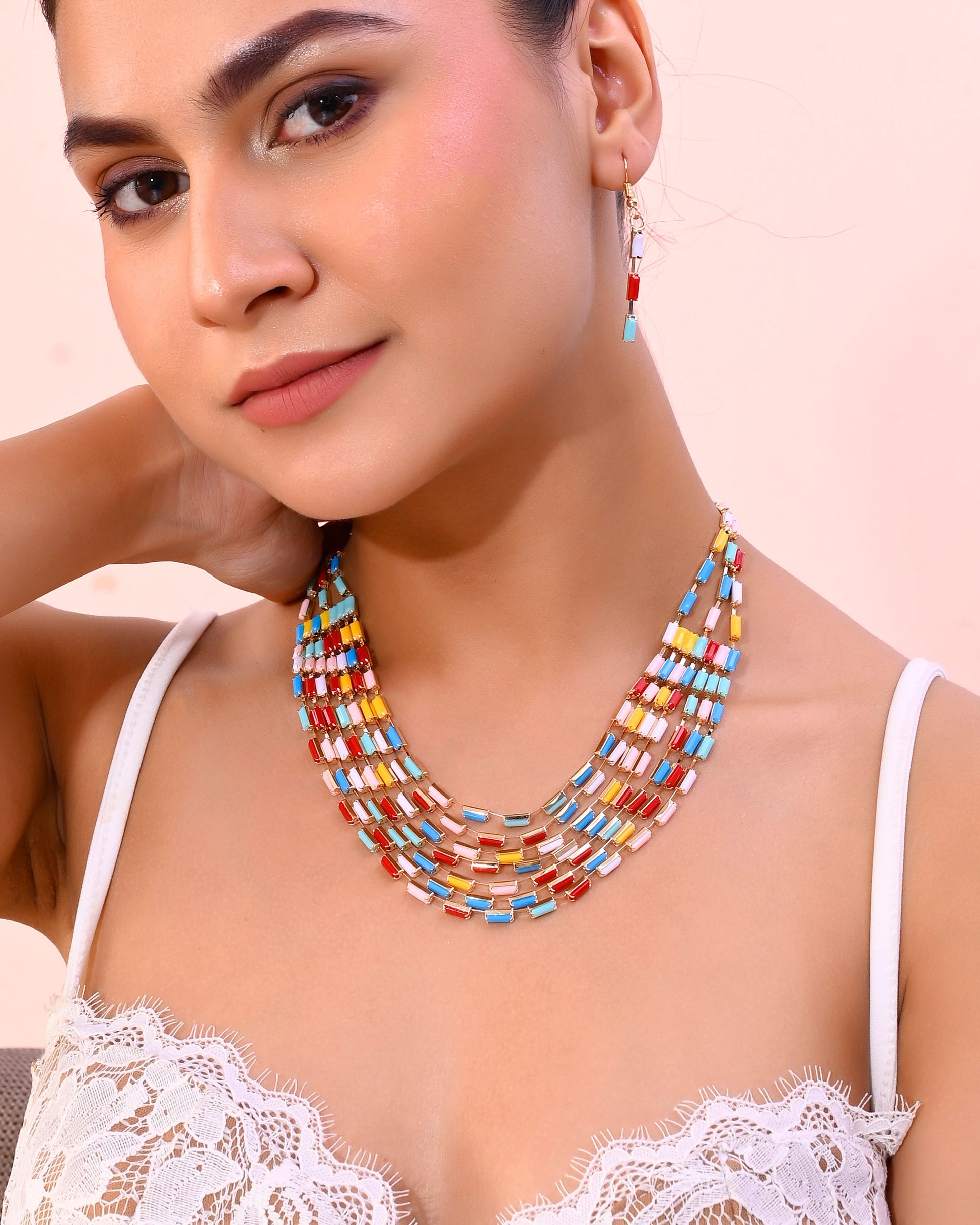 VOJ Multi Coloured Long Necklace With Earrings Set - Swadesiicart