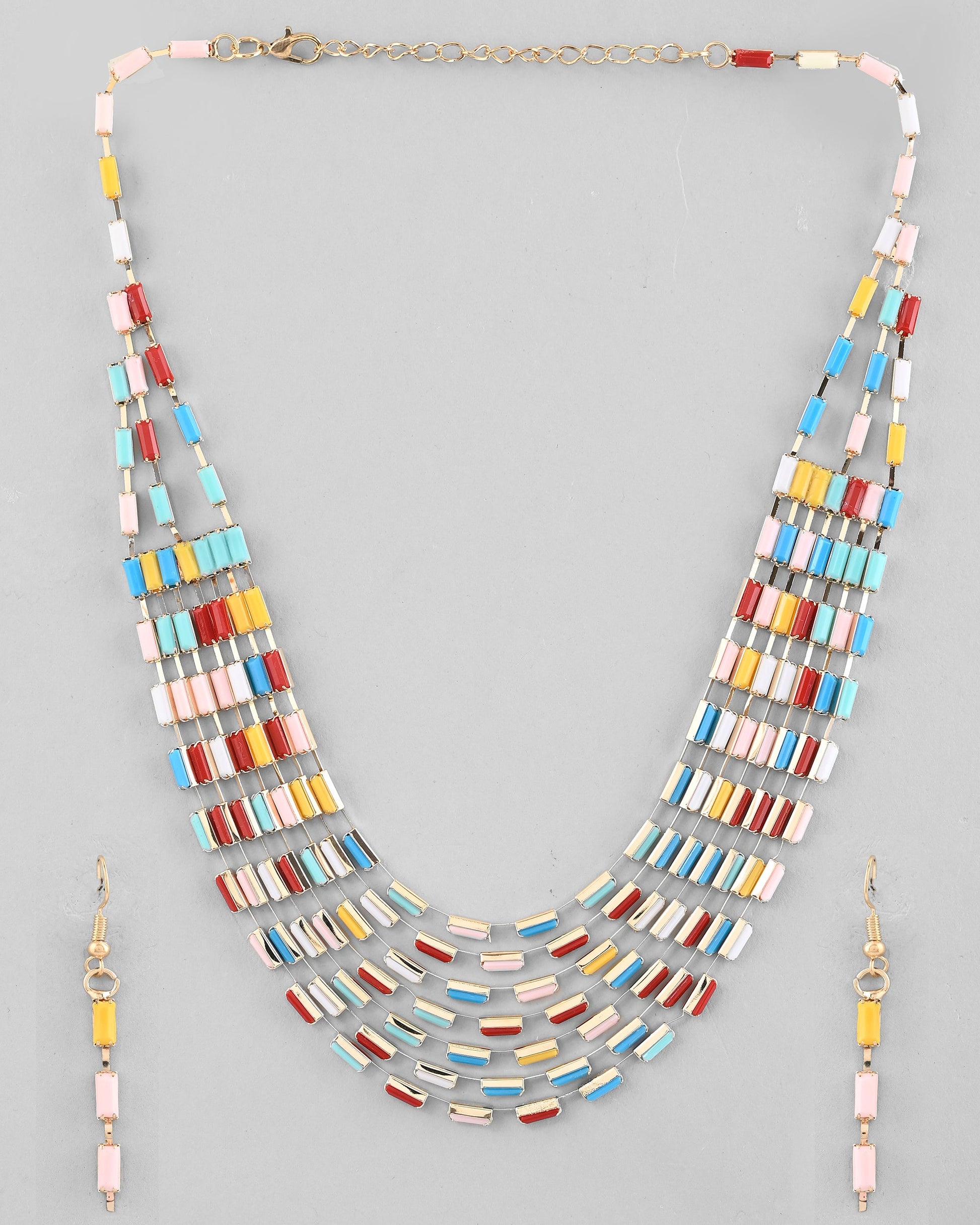 VOJ Multi Coloured Long Necklace With Earrings Set - Swadesiicart