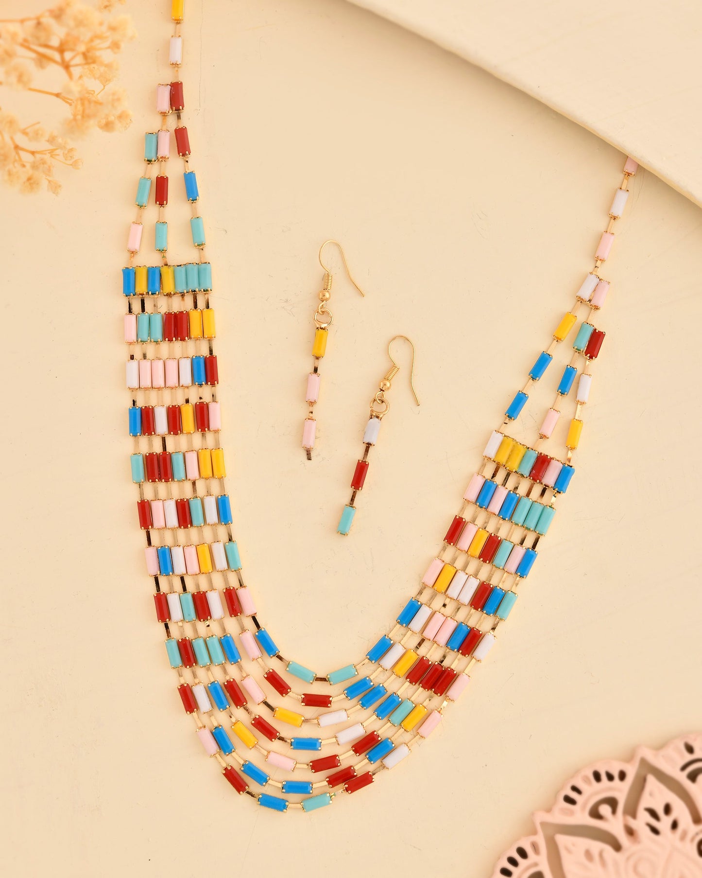 VOJ Multi Coloured Long Necklace With Earrings Set - Swadesiicart