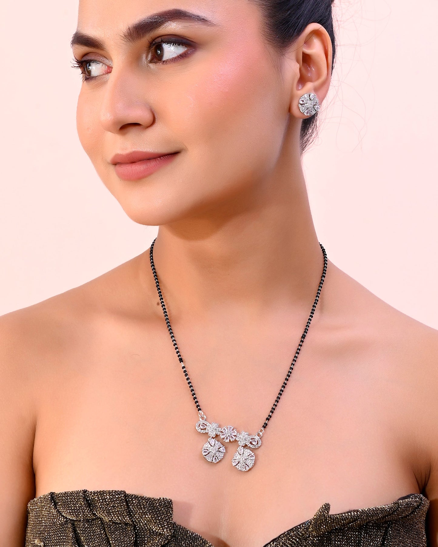 VOJ Silver-Plated Black Beaded & AD Studded Chain Mangalsutra Set - Swadesiicart