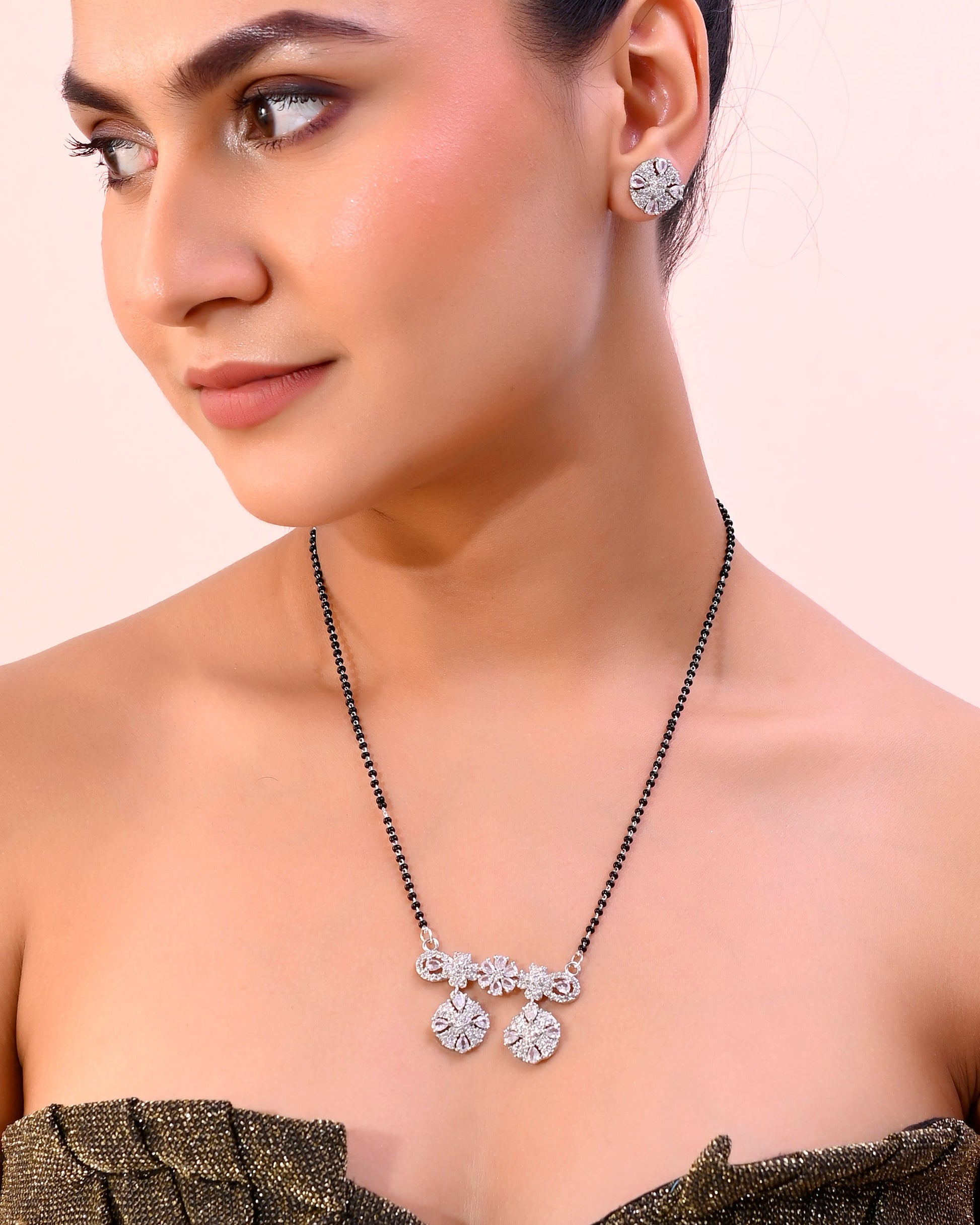 VOJ Silver-Plated Black Beaded & AD Studded Chain Mangalsutra Set - Swadesiicart