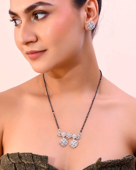 VOJ Silver-Plated Black Beaded & AD Studded Chain Mangalsutra Set - Swadesiicart