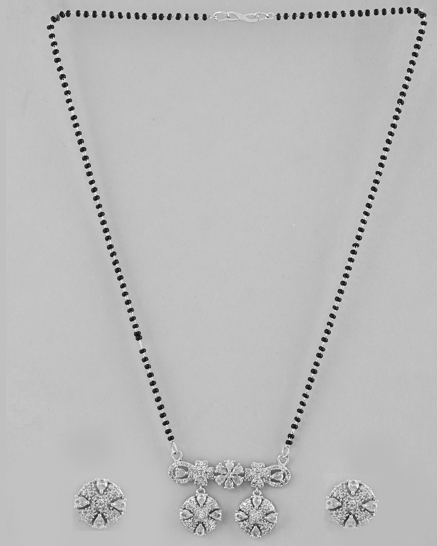 VOJ Silver-Plated Black Beaded & AD Studded Chain Mangalsutra Set - Swadesiicart