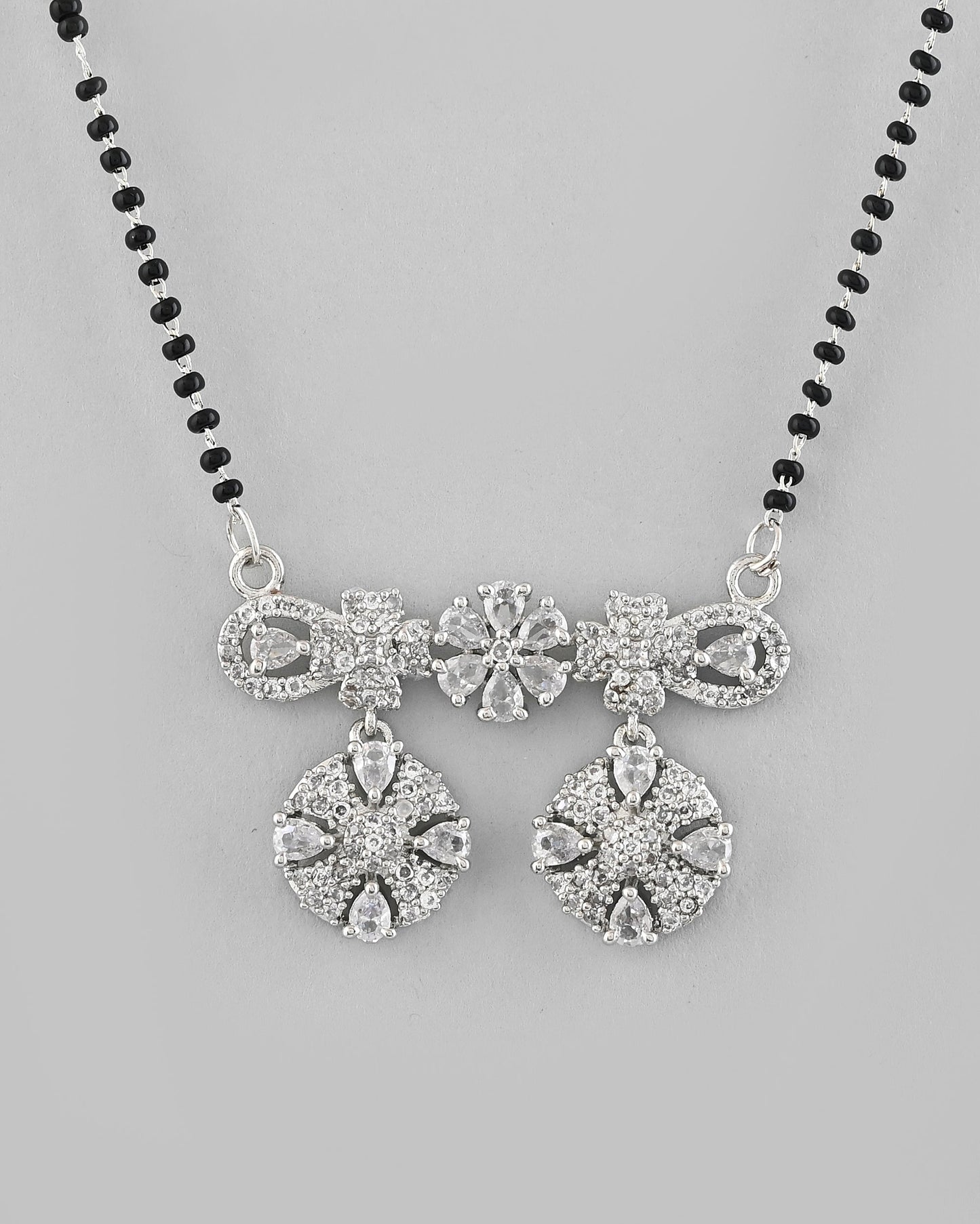 VOJ Silver-Plated Black Beaded & AD Studded Chain Mangalsutra Set - Swadesiicart