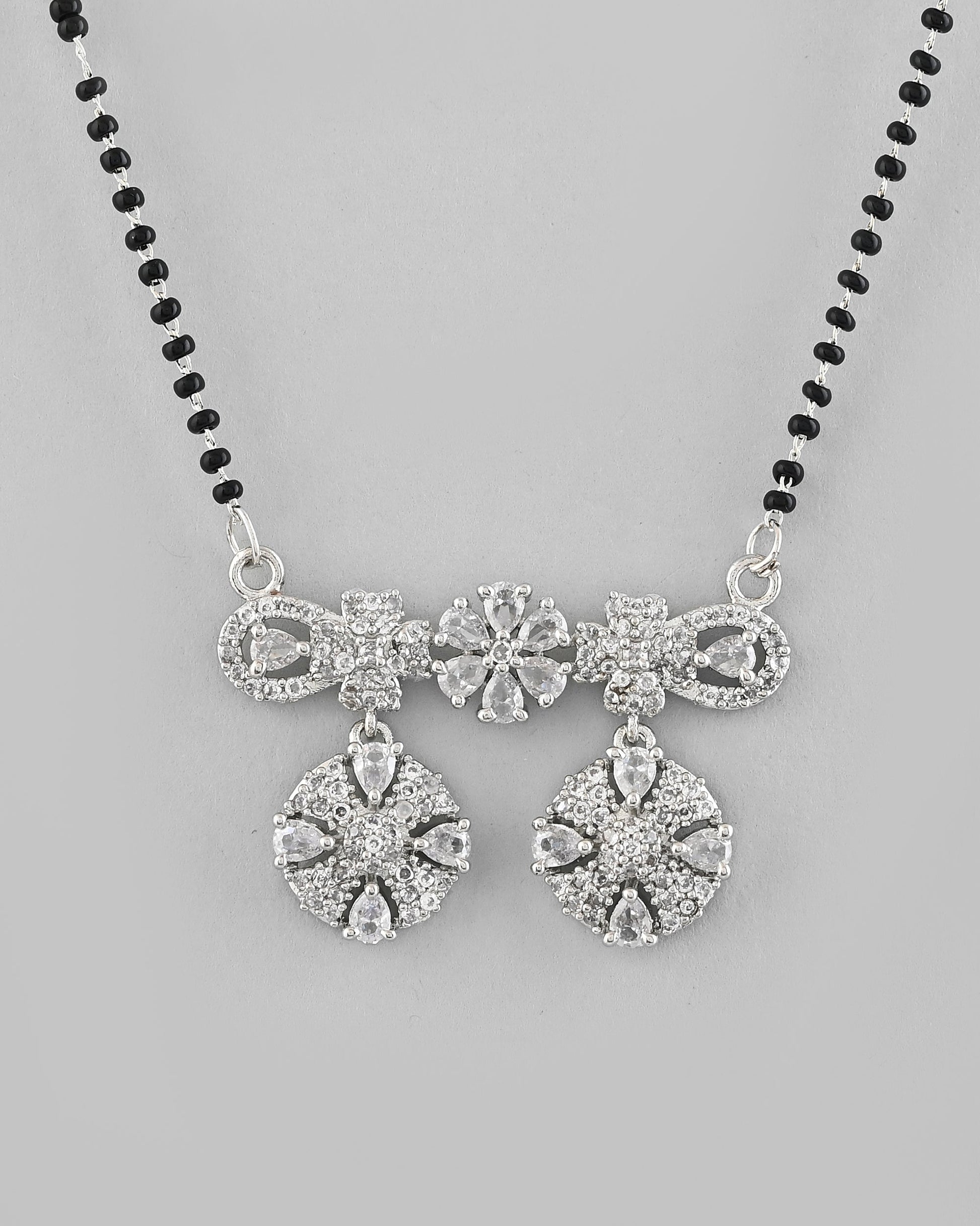 VOJ Silver-Plated Black Beaded & AD Studded Chain Mangalsutra Set - Swadesiicart