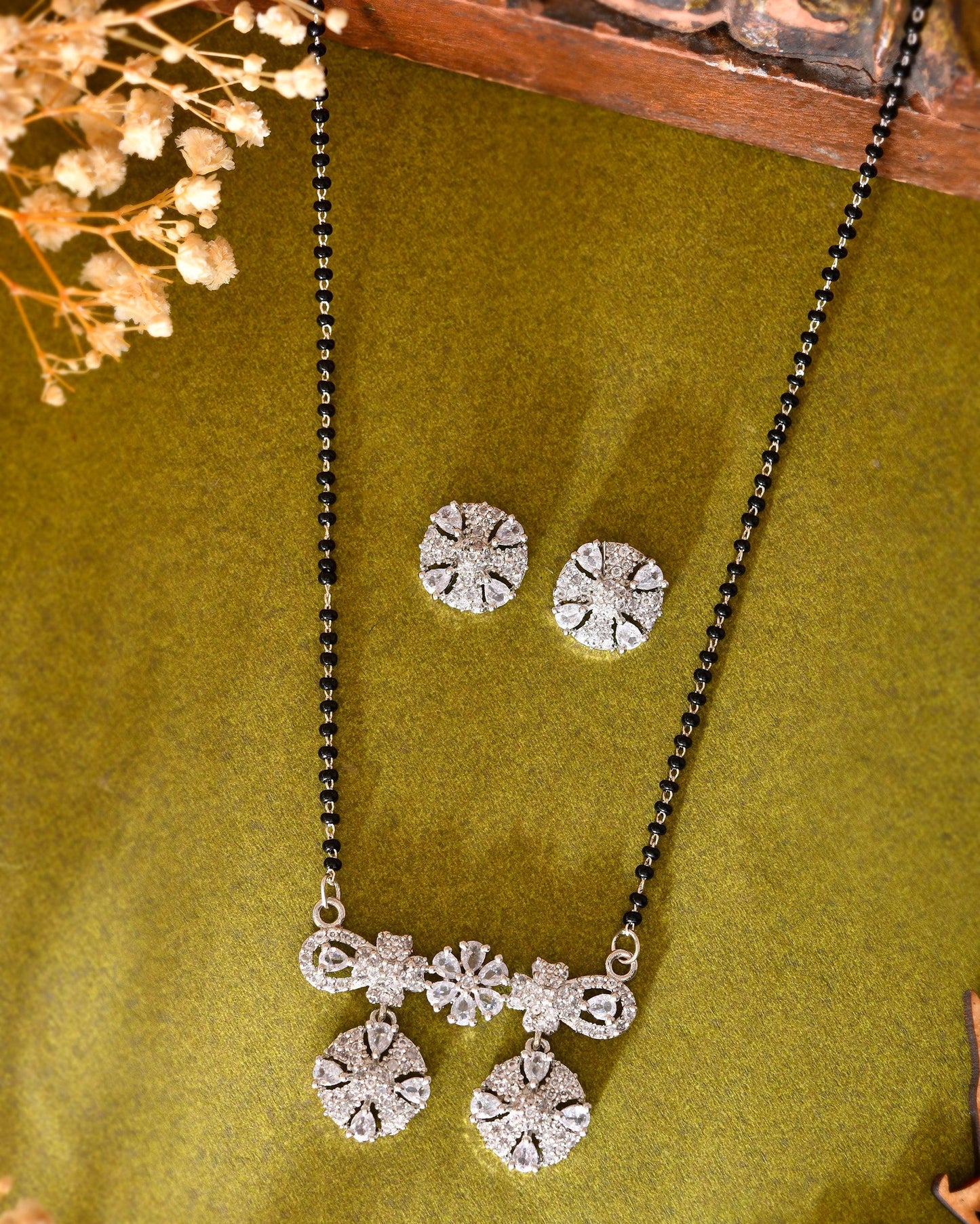 VOJ Silver-Plated Black Beaded & AD Studded Chain Mangalsutra Set - Swadesiicart