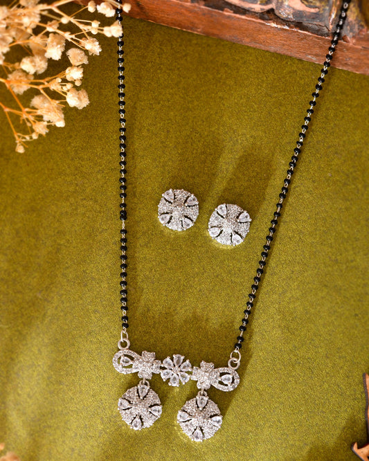 VOJ Silver-Plated Black Beaded & AD Studded Chain Mangalsutra Set - Swadesiicart
