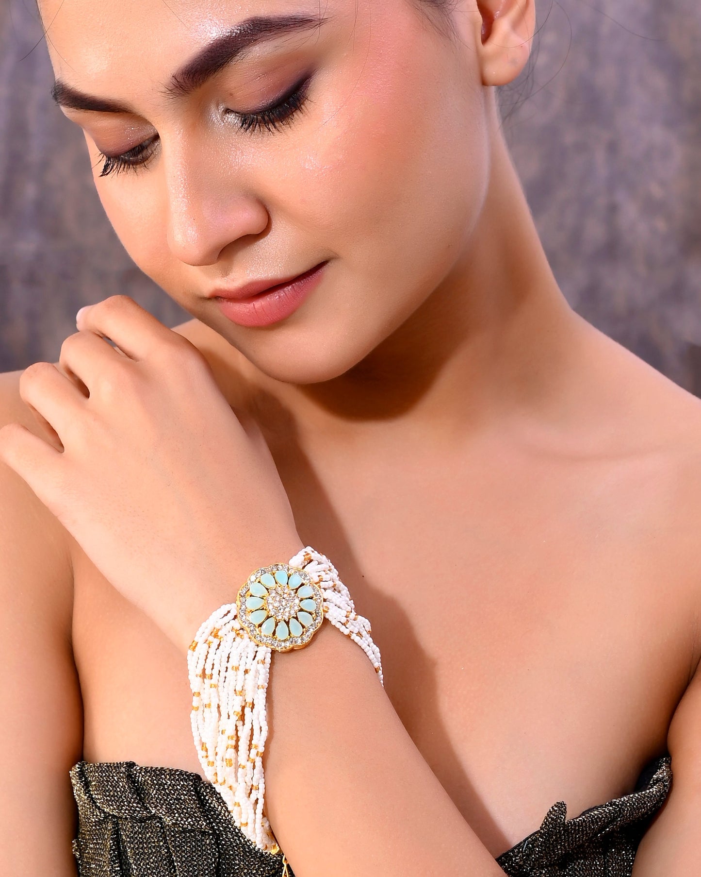 VOJ Gold-Polished Green Flower Studded And Beaded Mutli Layer Bracelet - Swadesiicart