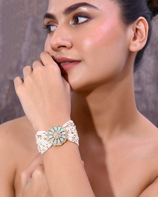 VOJ Gold-Polished Green Flower Studded And Beaded Mutli Layer Bracelet - Swadesiicart